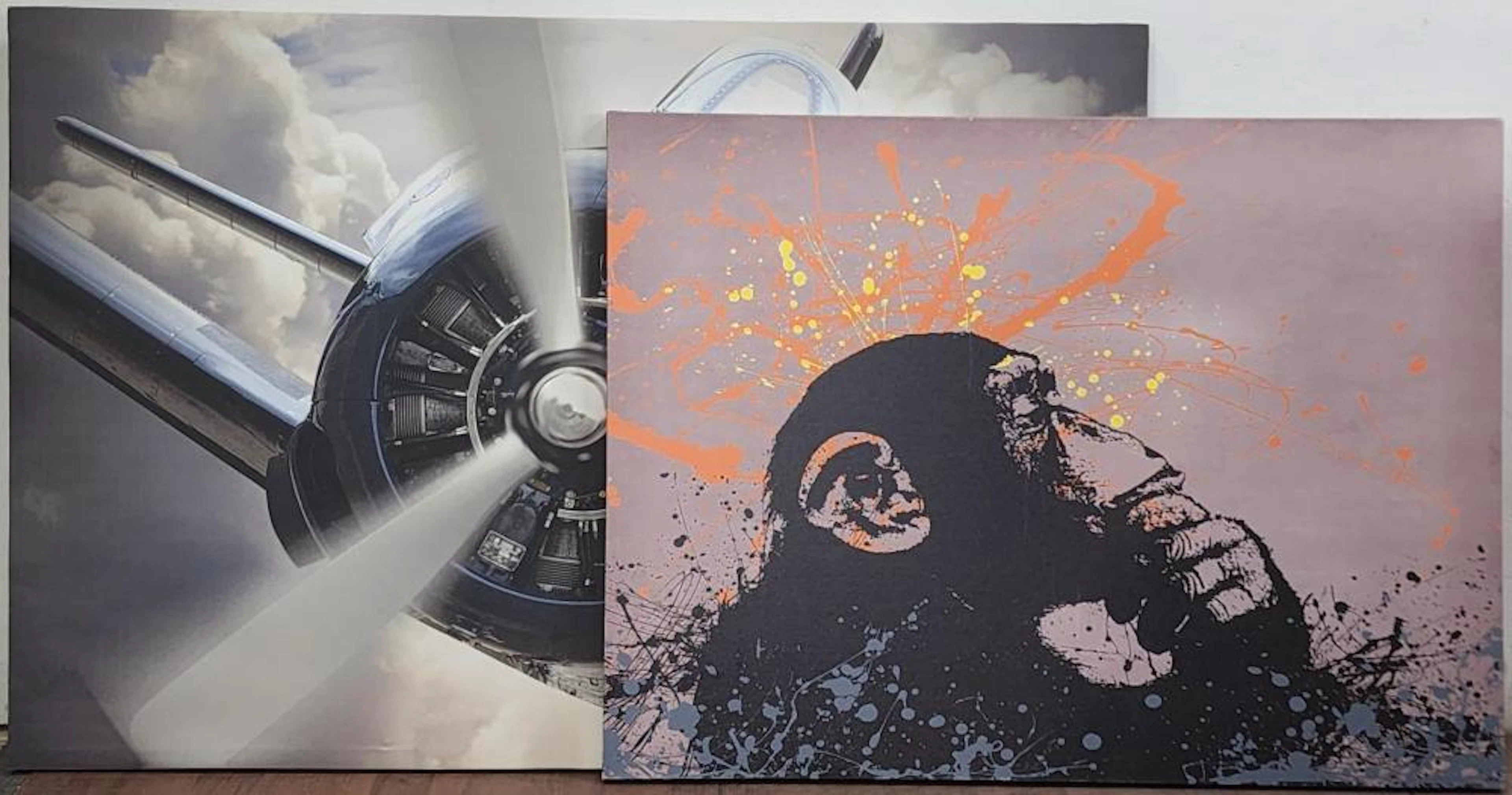 (2) Giclee On Canvas Prints, Banksy Thinker Monkey