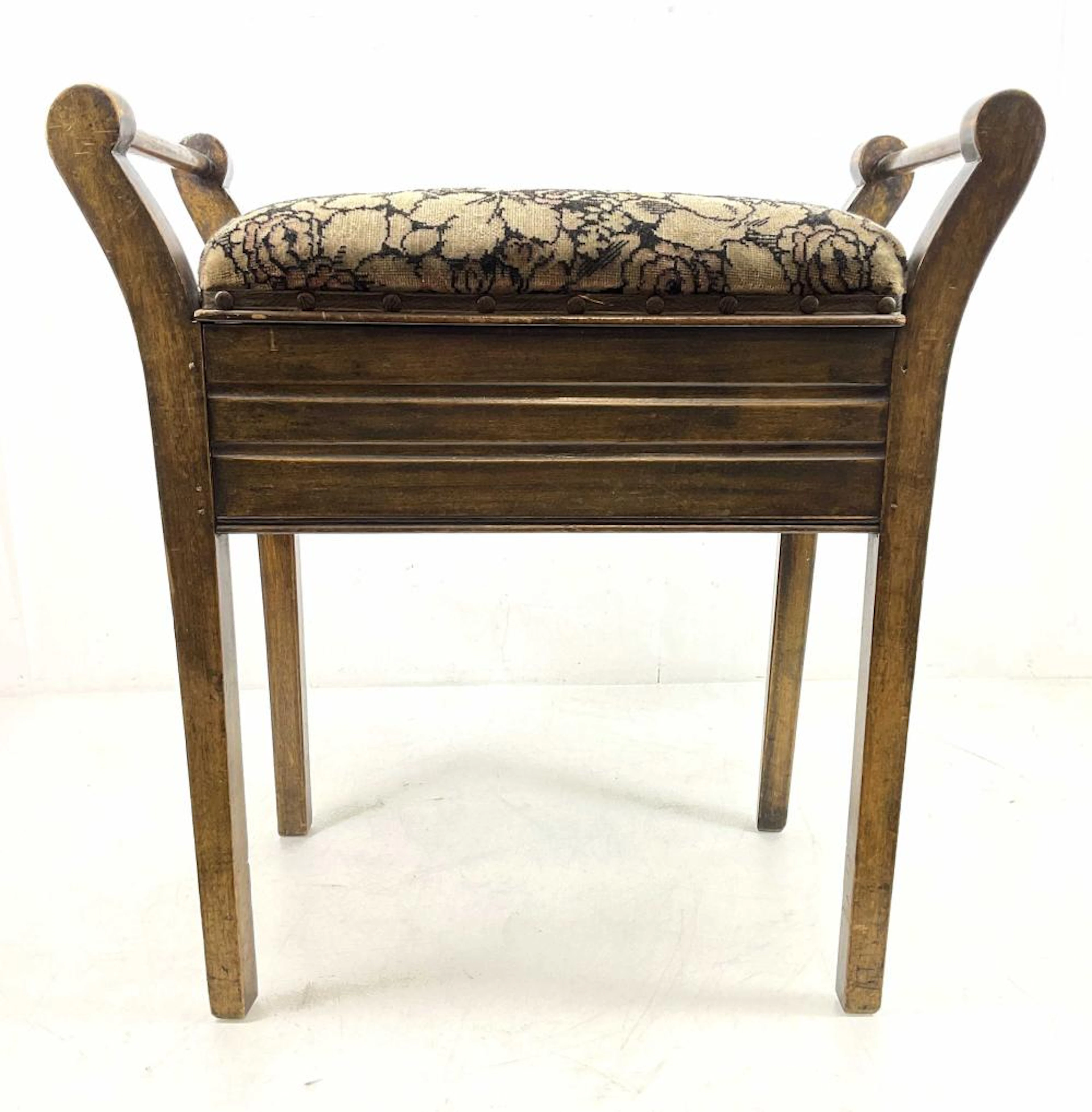 Vintage Upholstered Walnut Piano Bench