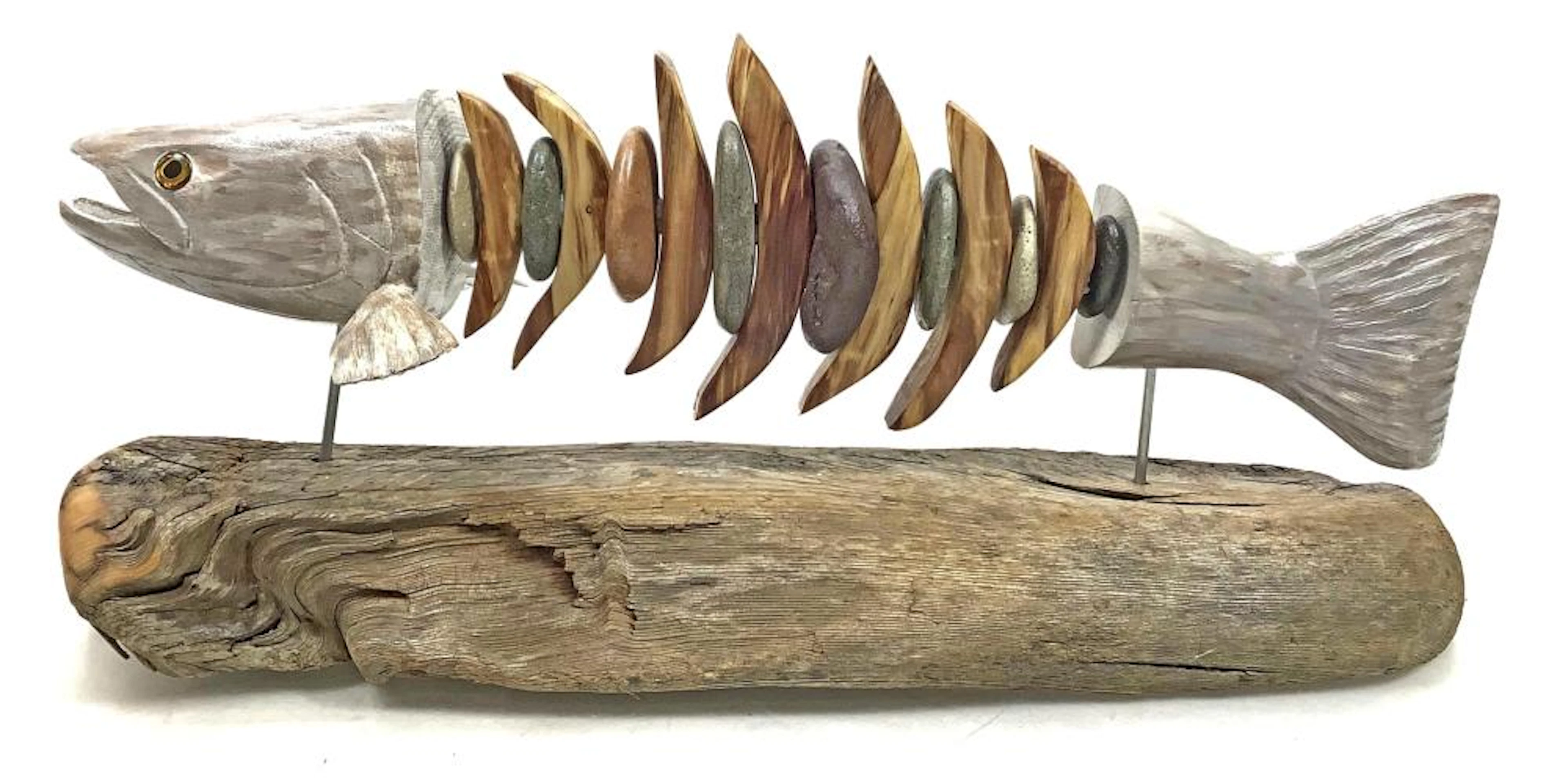 Carved Wood & Stone Rainbow Trout Fish Sculpture