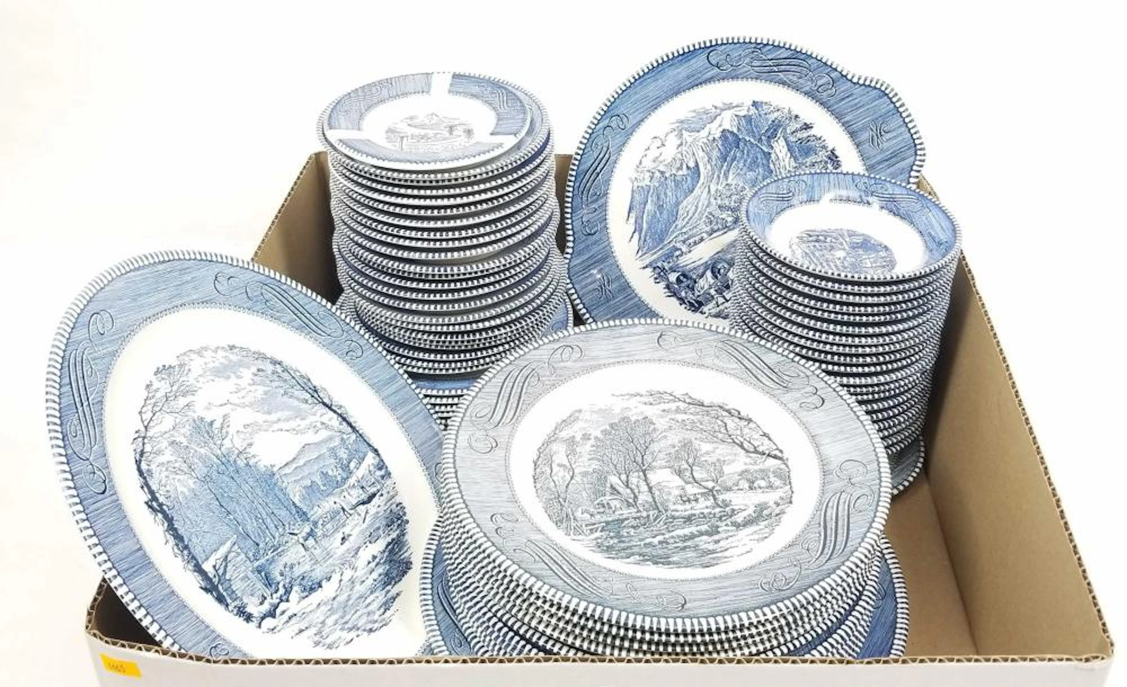 (66pc) Currier & Ives Blue White Dish Set By Royal