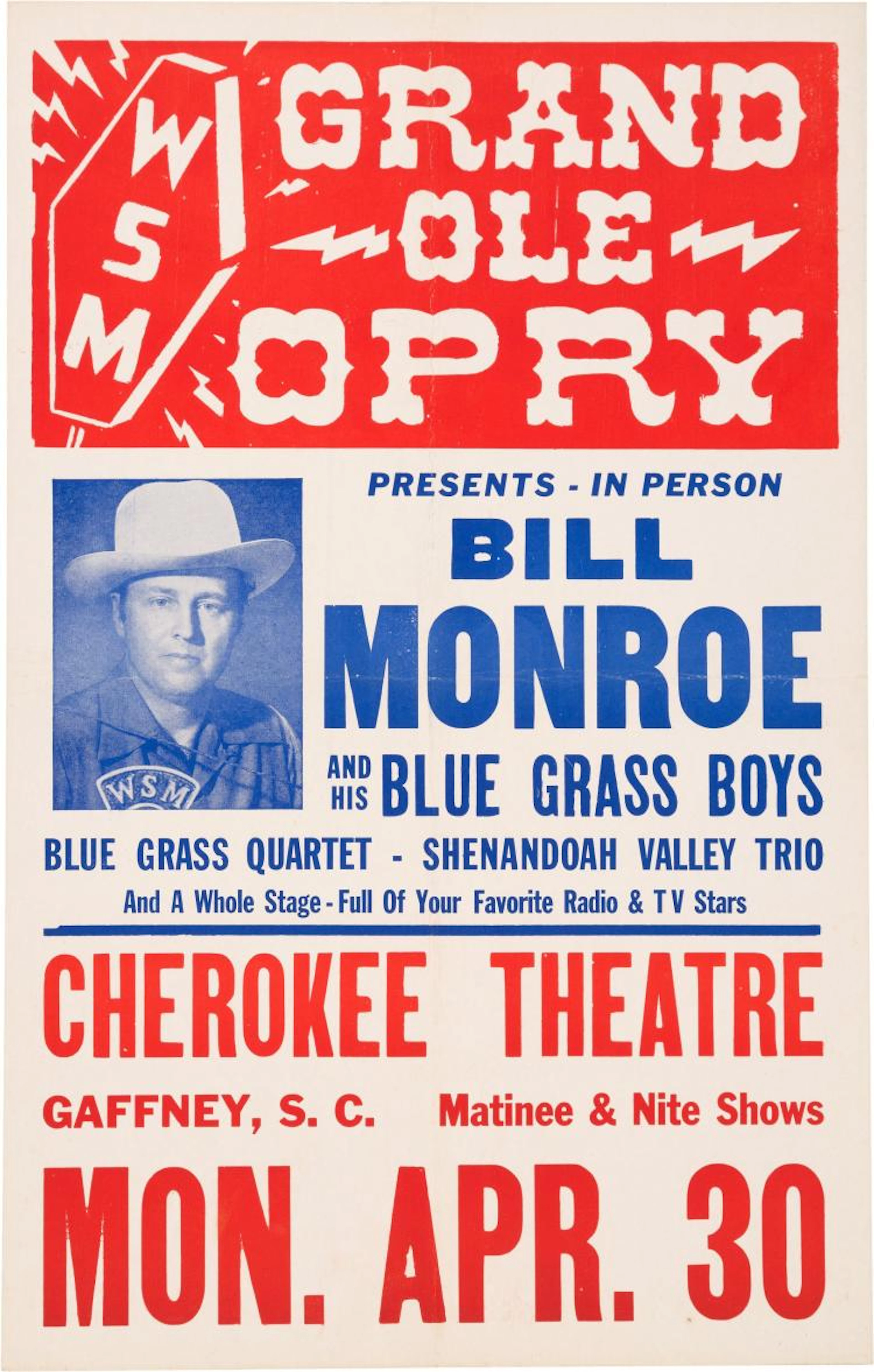 Bill Monroe Grand Ole Opry Cherokee Theatre Concert Pos