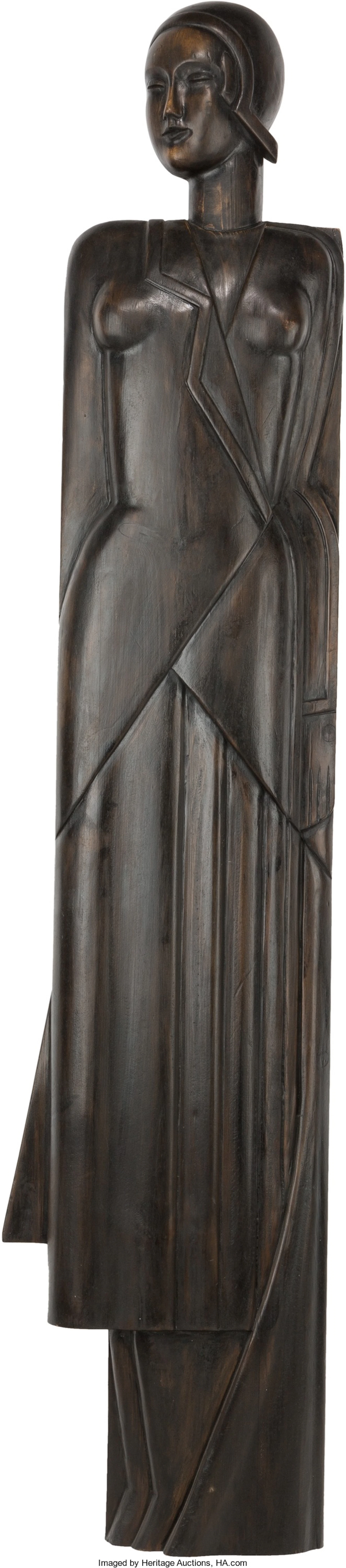 A French Art Deco Carved Wood Life-Size Panel of a Woman, circa 1930 74 inches h