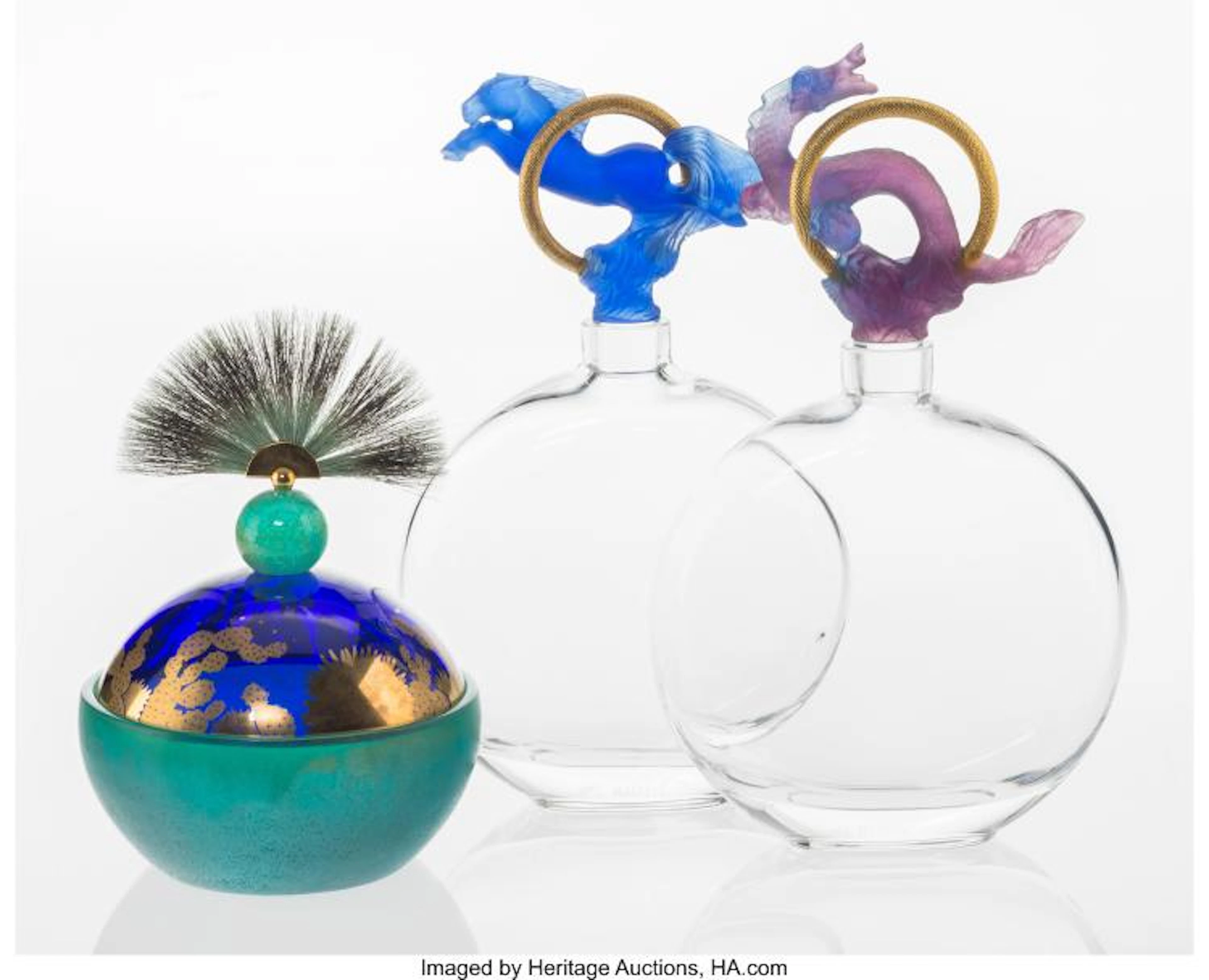 DAUM FRÈRES PAIR OF HOROSCOPE DECANTERS AND CACTUS COVERED BOWL, LATE 20TH CENT