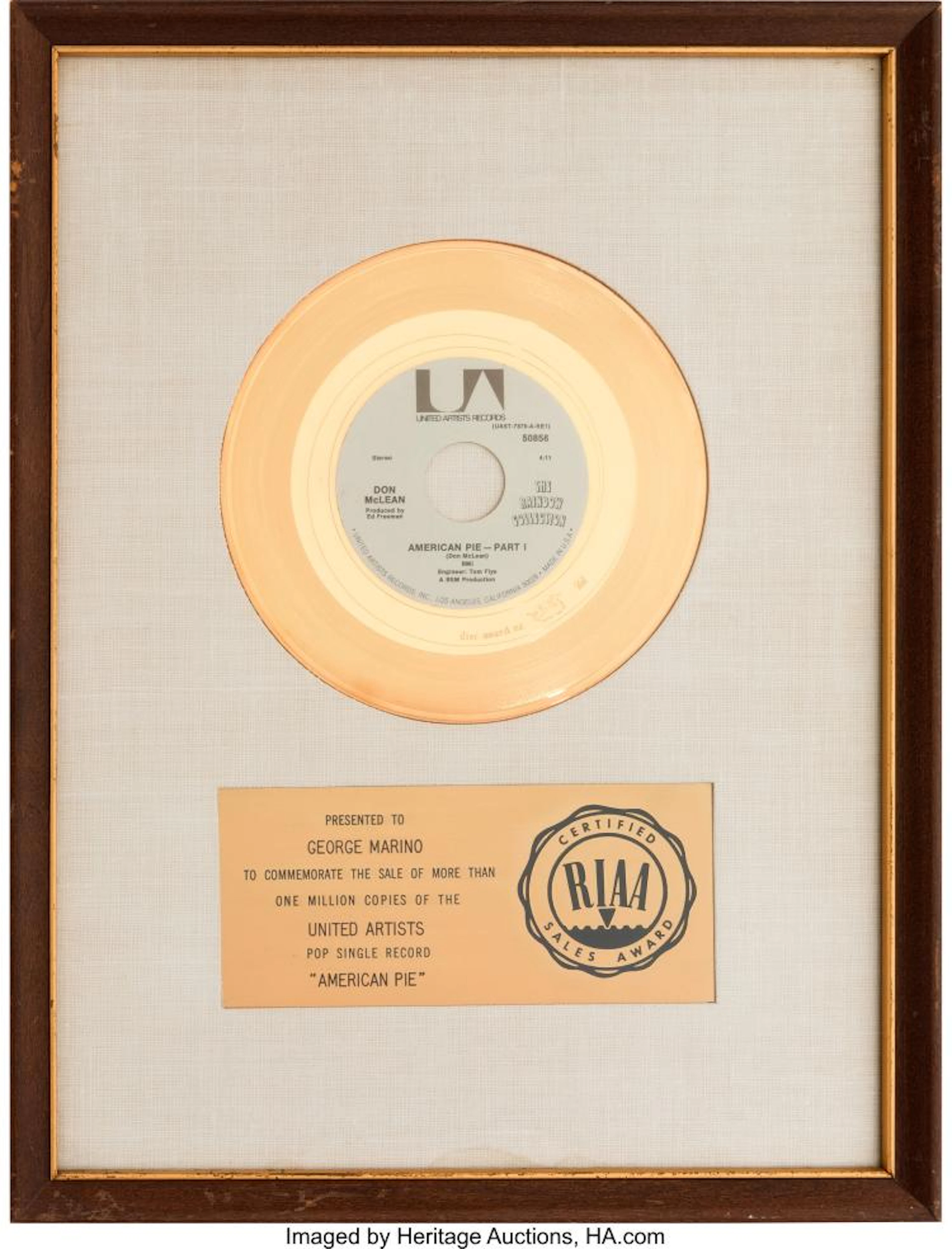 DON MCLEAN "AMERICAN PIE" RIAA WHITE MATTE GOLD SALES AWARD (UNITED ARTISTS UAS-