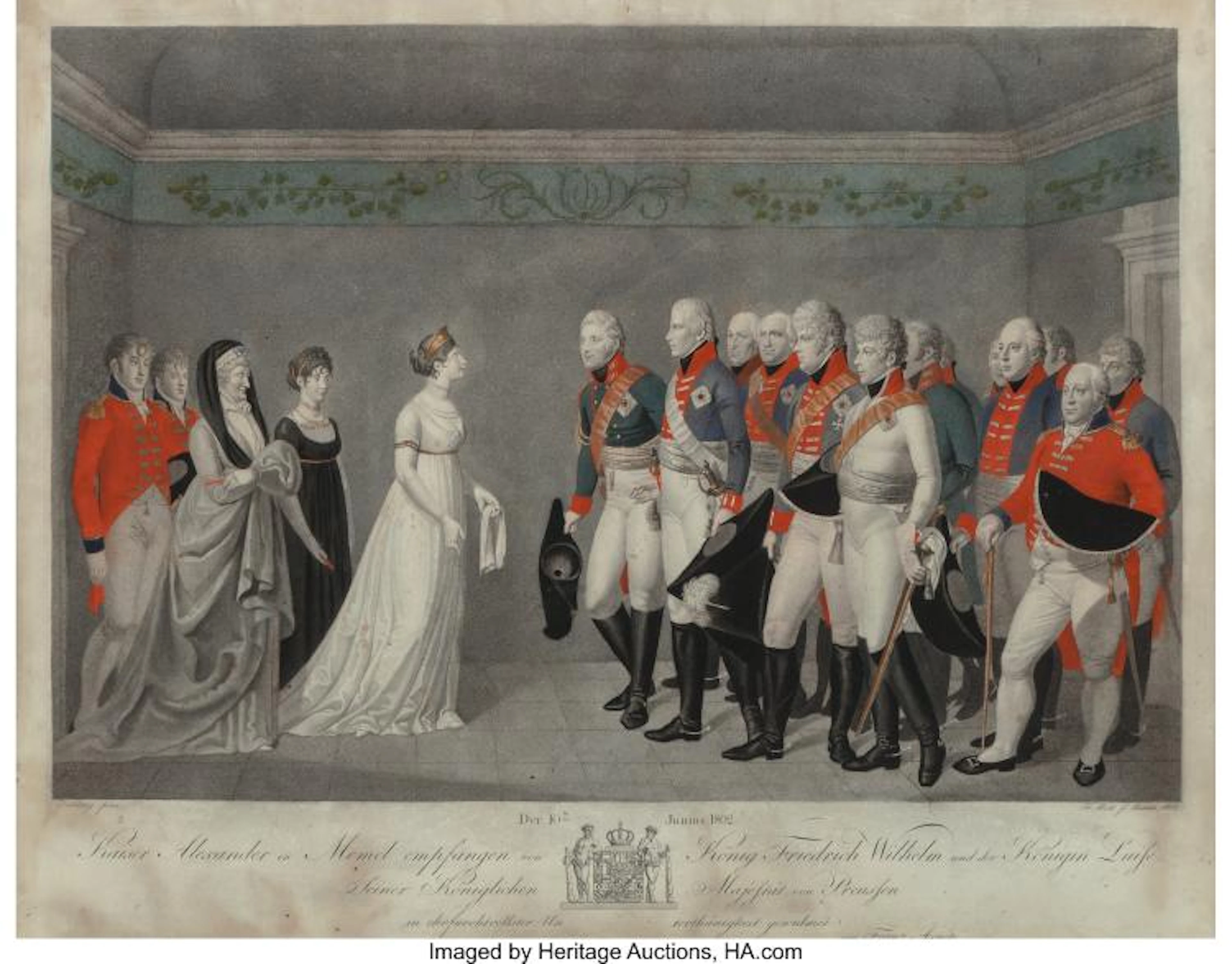 A FRAMED JOHANN FRIEDRICH BOLT HAND-COLORED ENGRAVING, KAISER ALEXANDER IN MEMEL