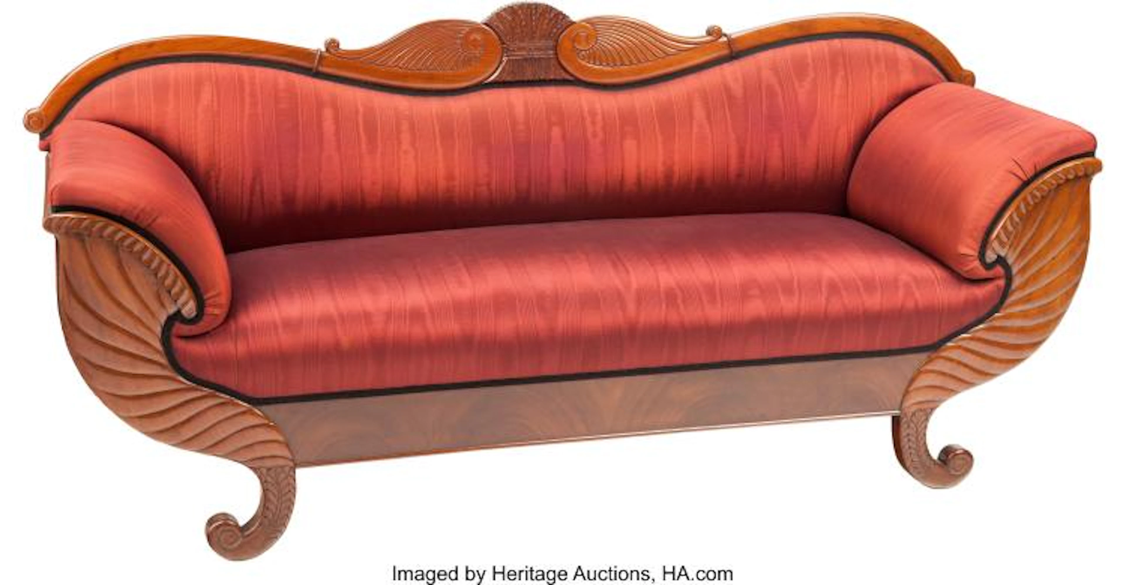 A BIEDERMEIER MAHOGANY SOFA WITH BURGUNDY UPHOLSTERY, 19TH CENTURY 38 H X 85 W X