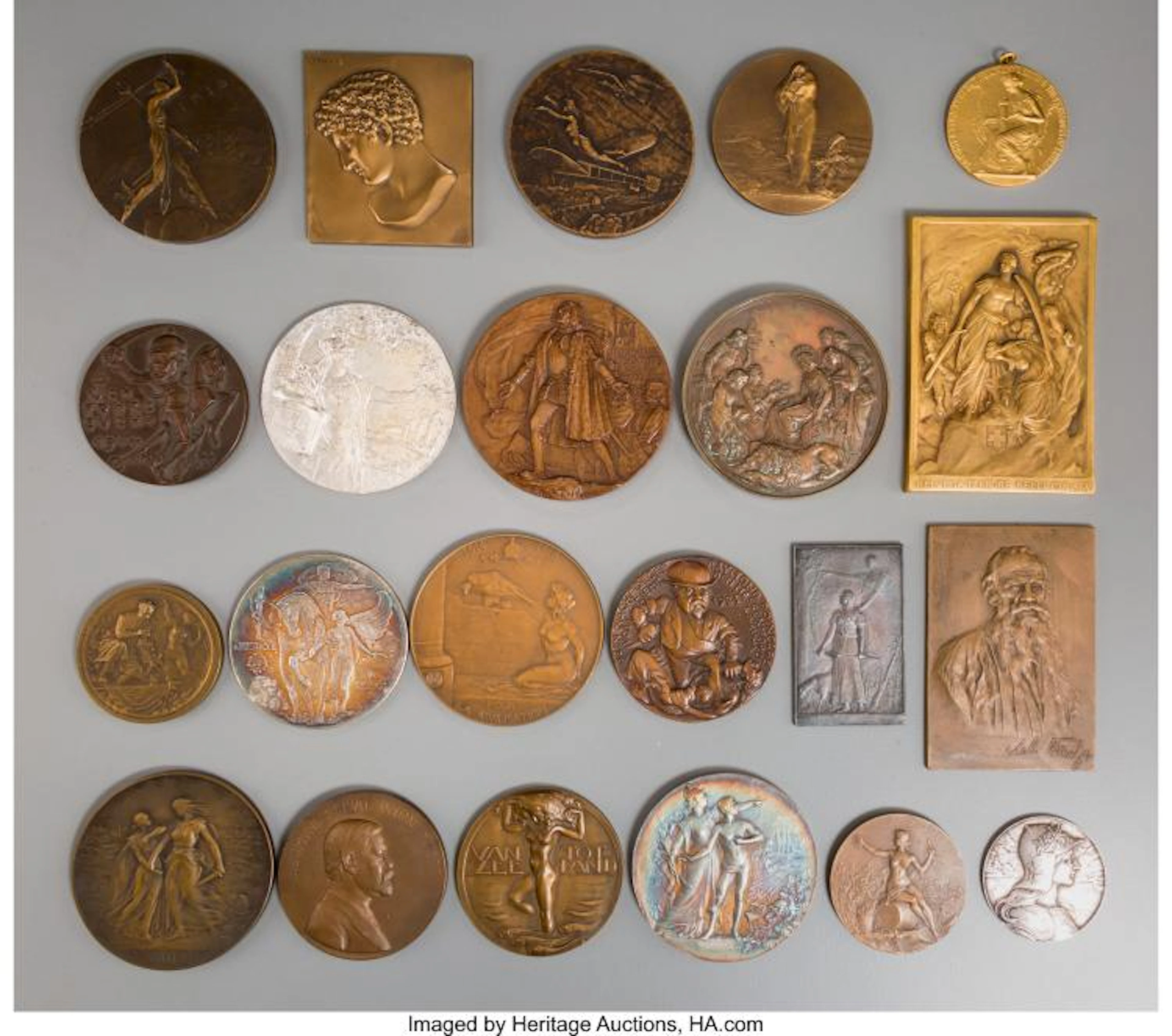 TWENTY-TWO SCIENCE AND INDUSTRY-RELATED BRONZE, SILVER, AND 14K GOLD MEDALLIONS,
