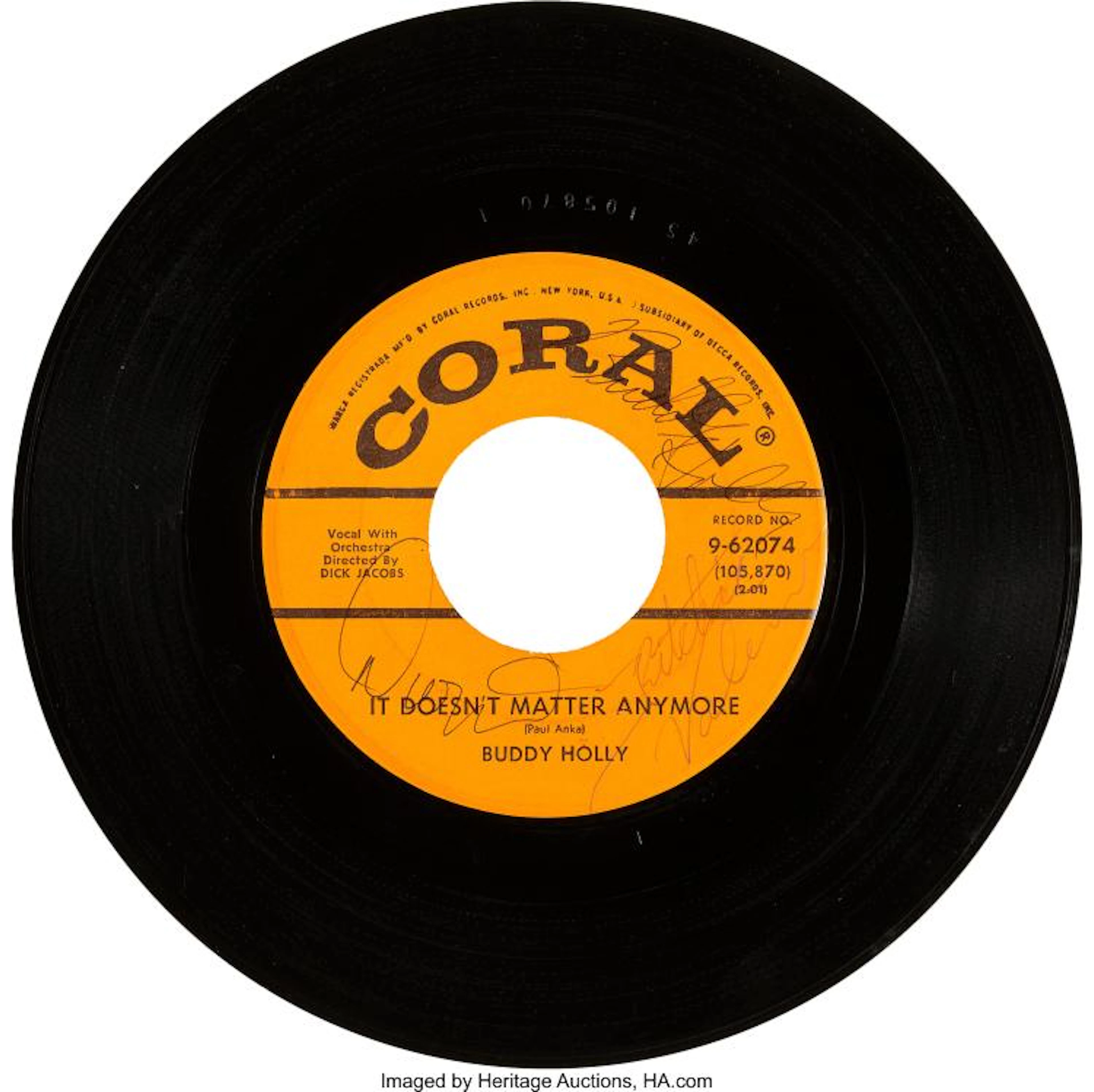 BUDDY HOLLY / RITCHIE VALENS / DION SIGNED "IT DOESN'T MATTER ANYMORE / RAINING