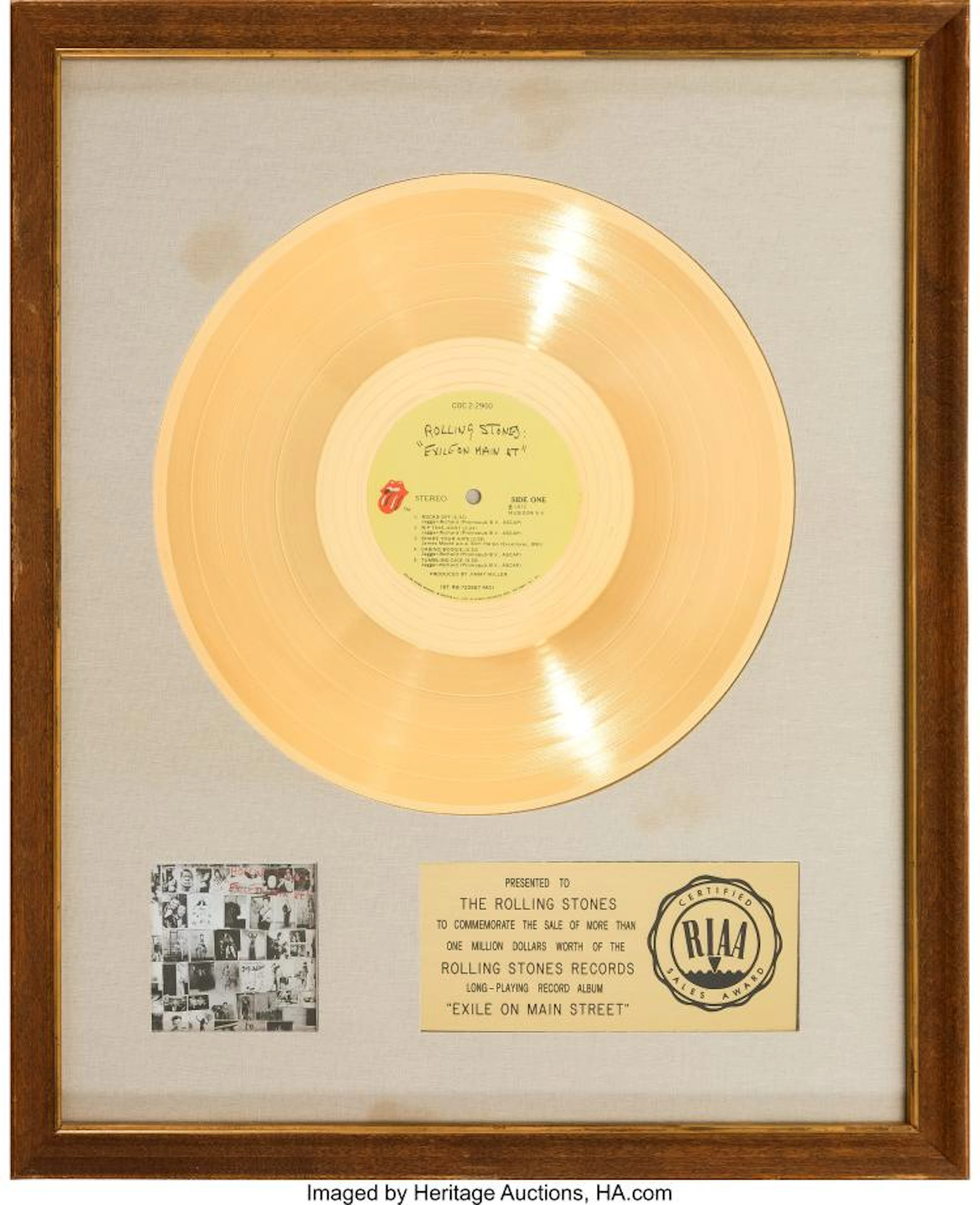 ROLLING STONES EXILE ON MAIN STREET RIAA GOLD RECORD AWARD PRESENTED TO THE ARTI