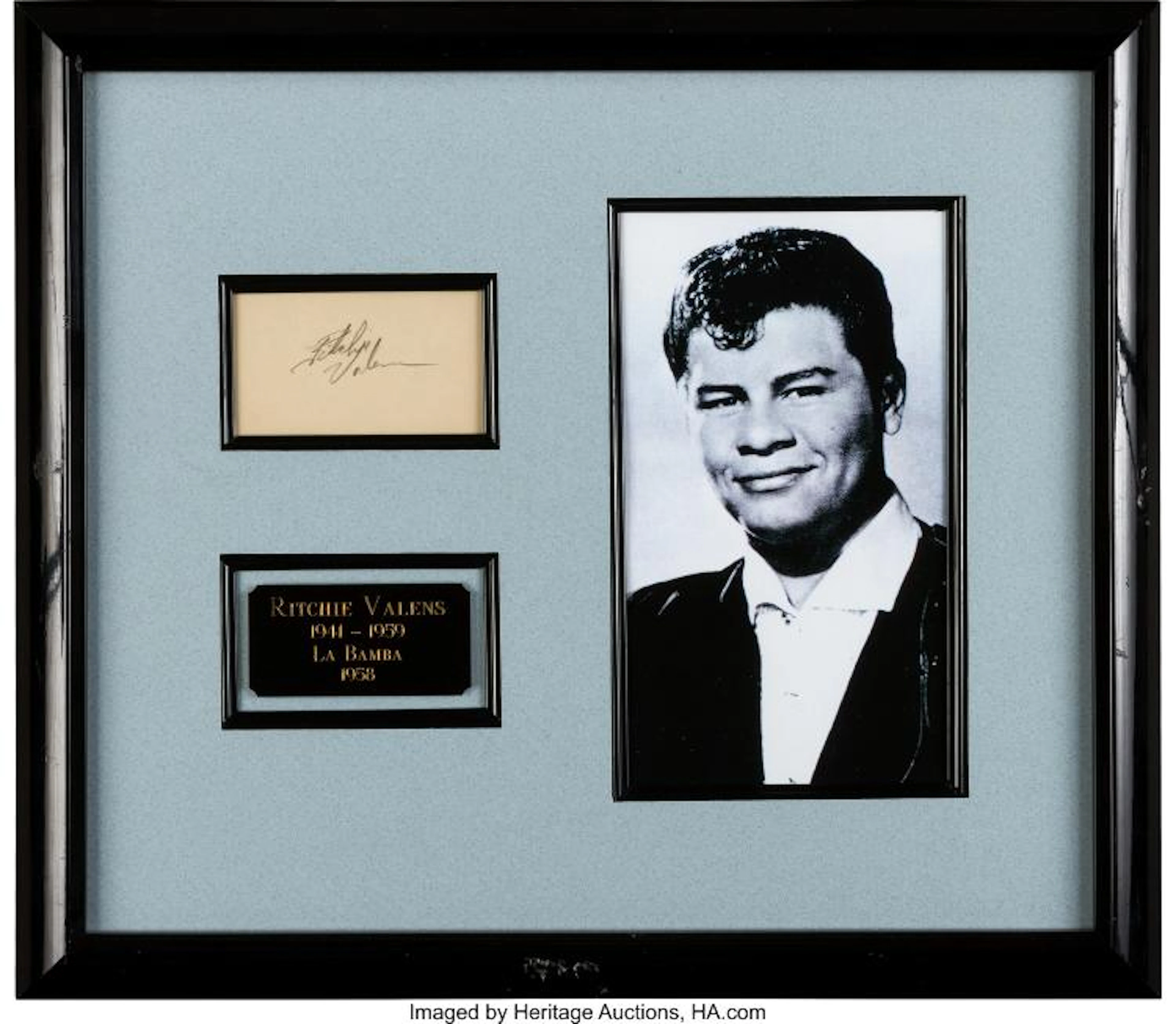 RITCHIE VALENS AUTOGRAPH DISPLAY. A SAMPLE OF VALENS' SIGNATURE IN PENCIL MATTED