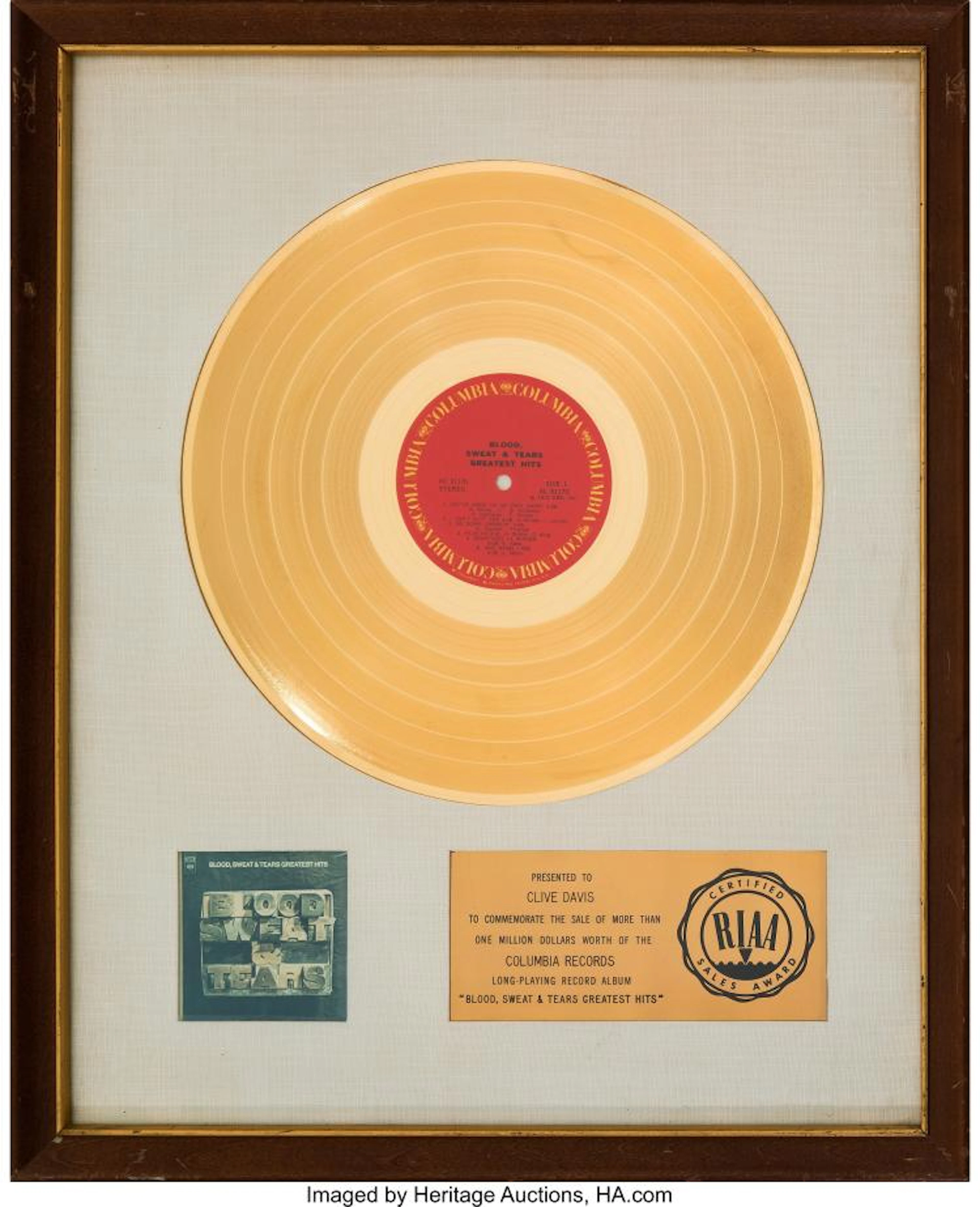BLOOD, SWEAT & TEARS GREATEST HITS RIAA WHITE MATTE GOLD SALES AWARD (COLUMBIA K