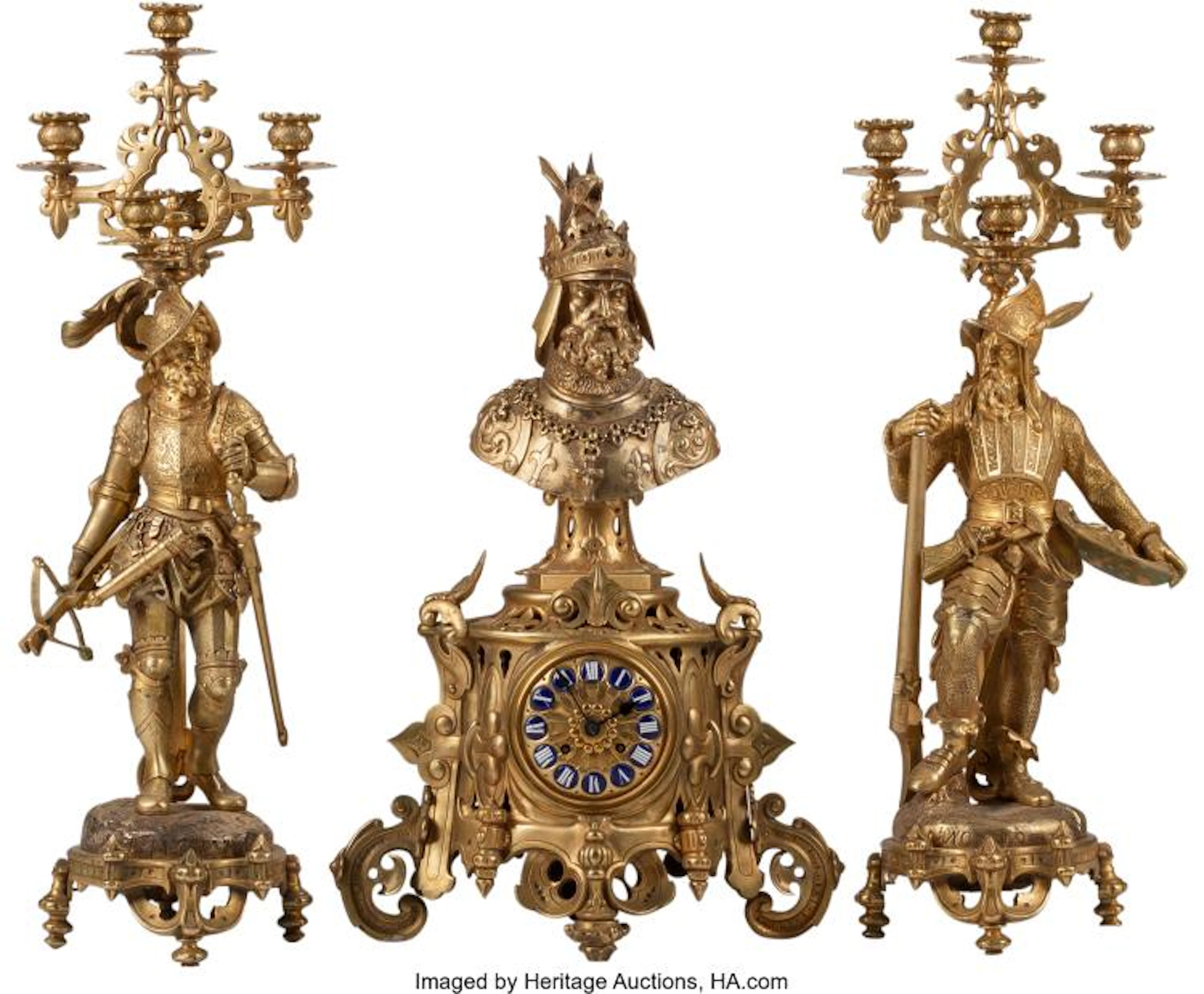 A THREE-PIECE RENAISSANCE REVIVAL-STYLE GILT BRONZE CLOCK GARNITURE 33 H X 10 W