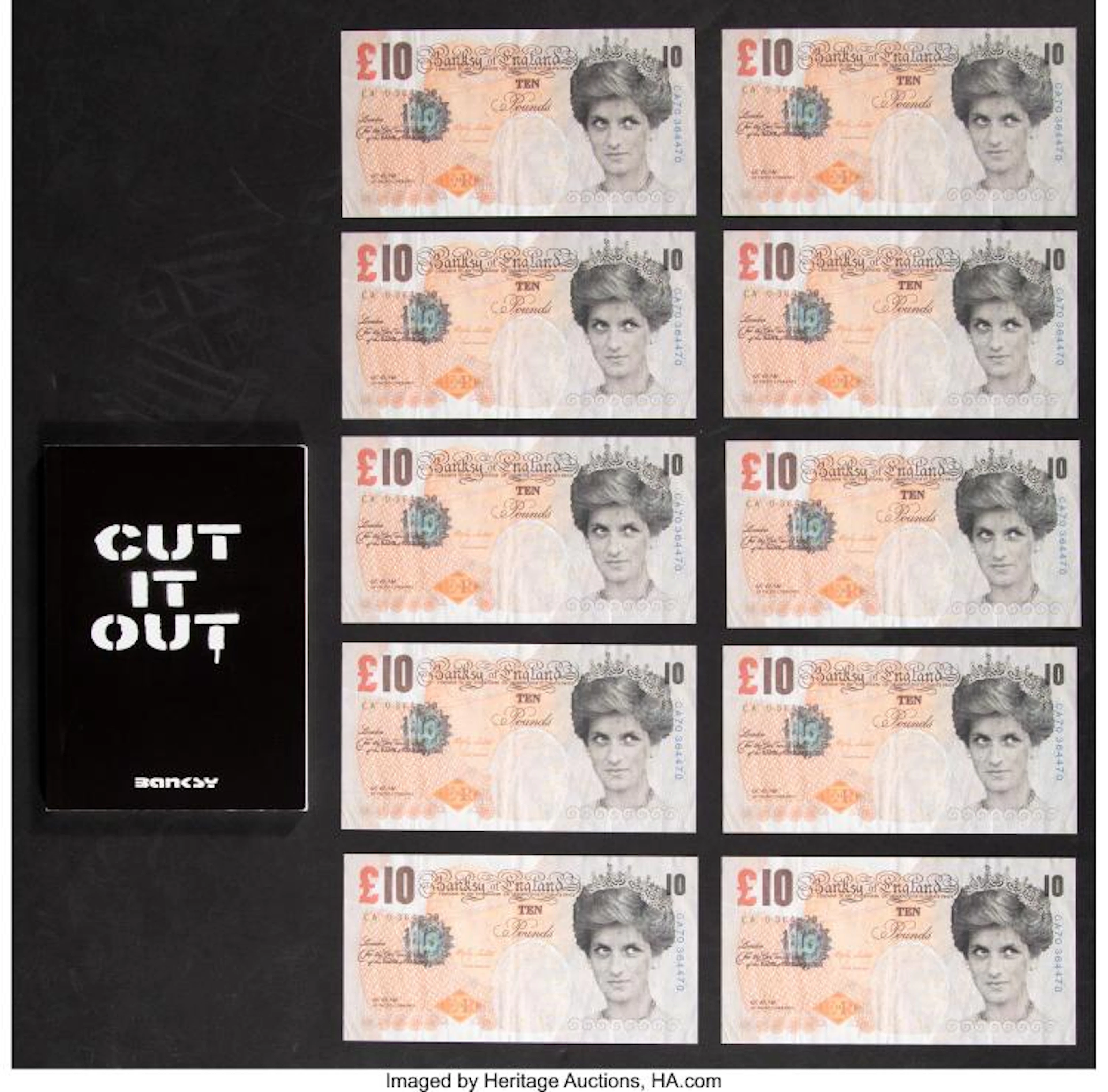 BANKSY (BRITISH, B. 1974) CUT IT OUT, BOOKLET, AND DI-FACED TENNER, 10 GBP NOTE