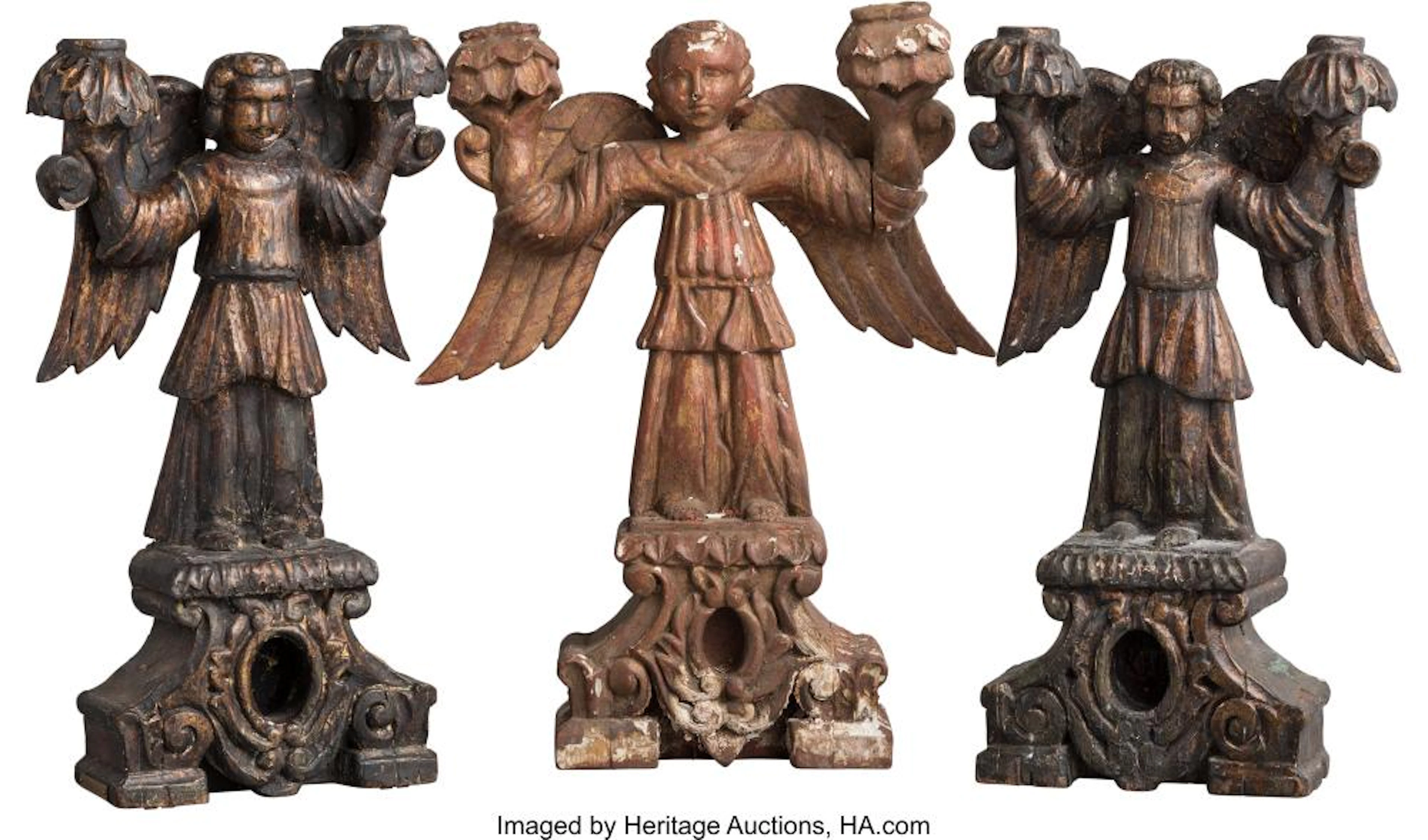 THREE SPANISH COLONIAL CARVED, PAINTED, AND GILTWOOD ANGEL-FORM CANDELABRA, LATE