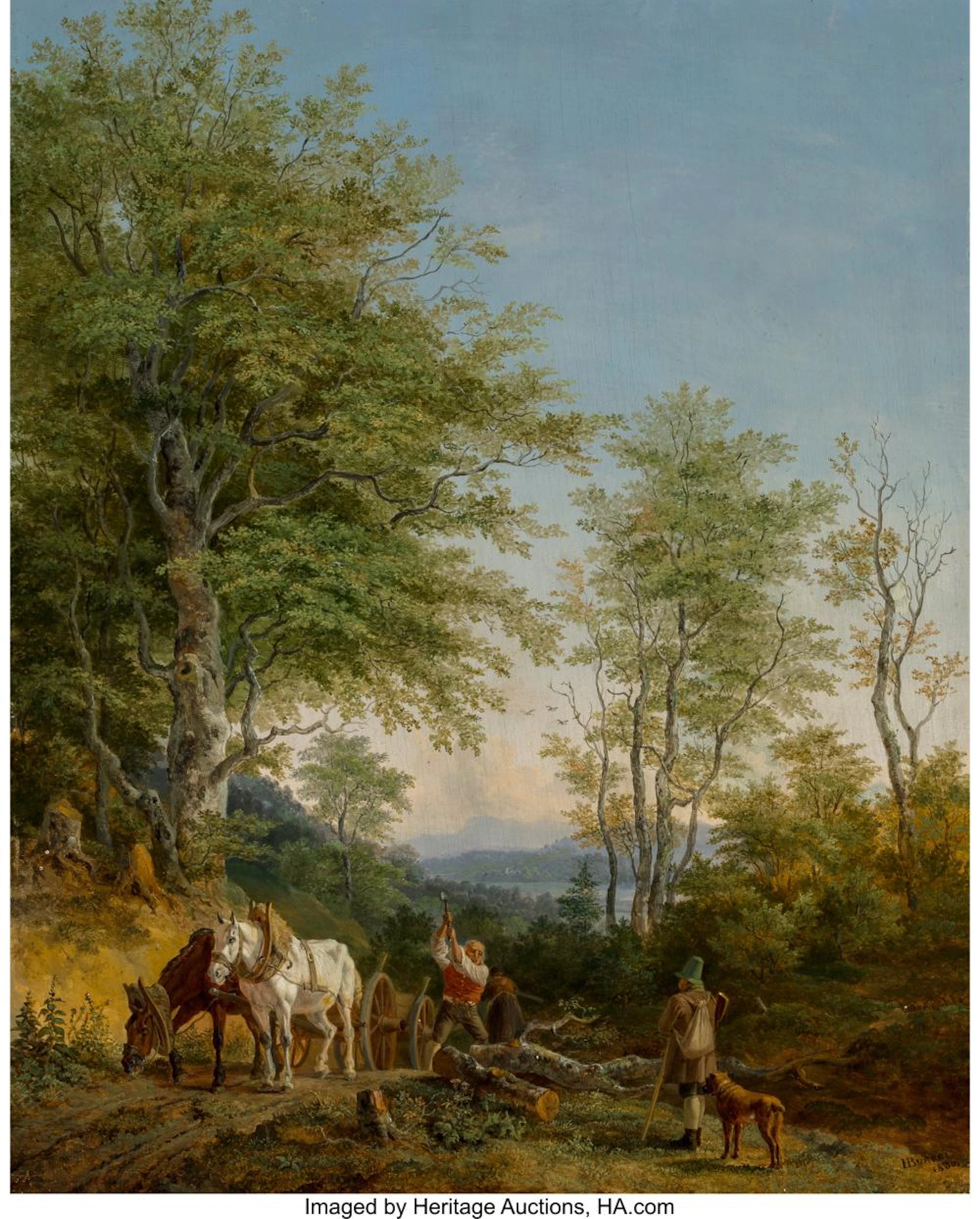 Heinrich Bürkel (German, 1802-1869) An Italianate wooded landscape with a woodcu
