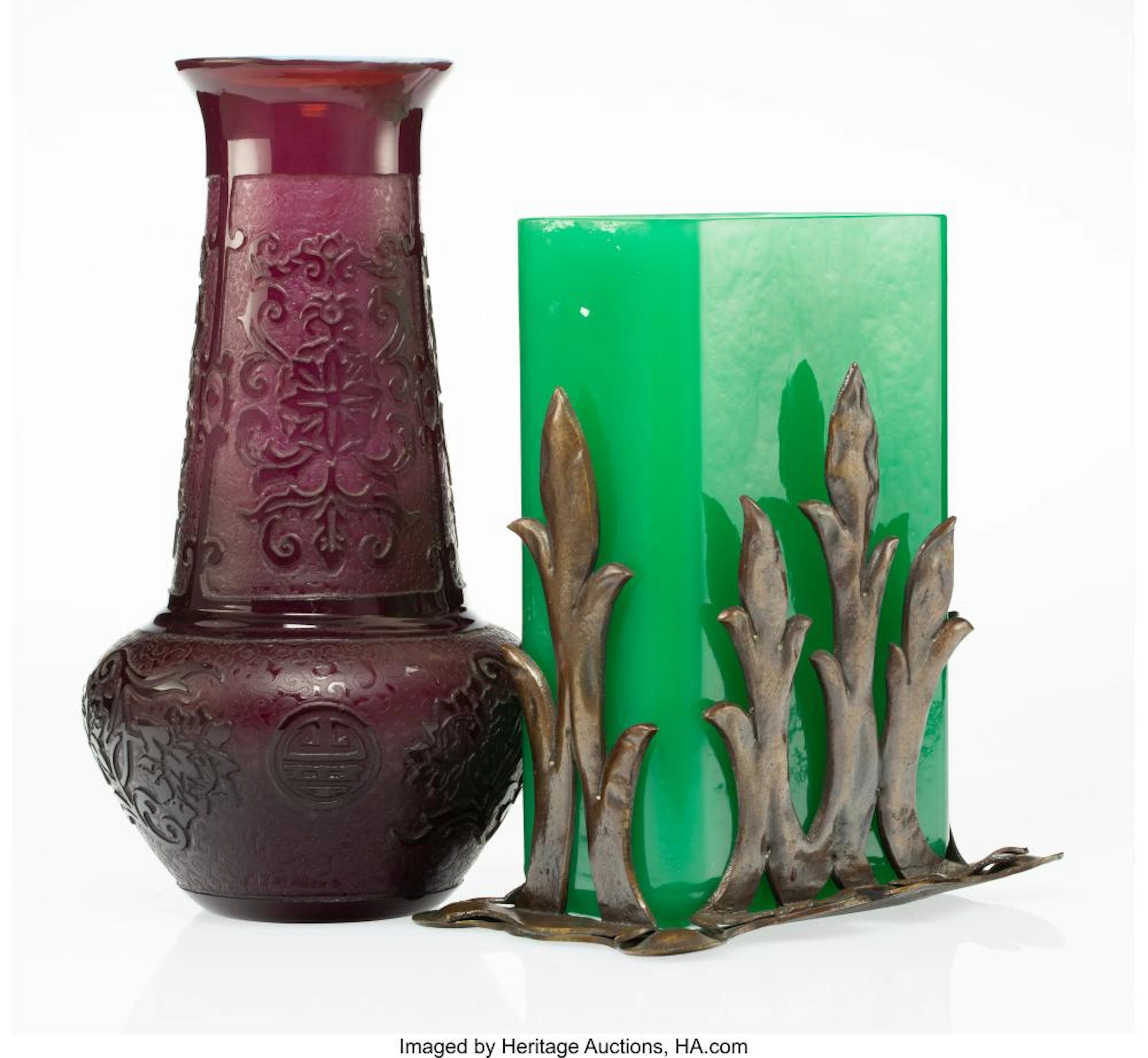 A Steuben Acid-Etched Plum Jade Glass Chinese Pattern Vase and a Green Jade Glas