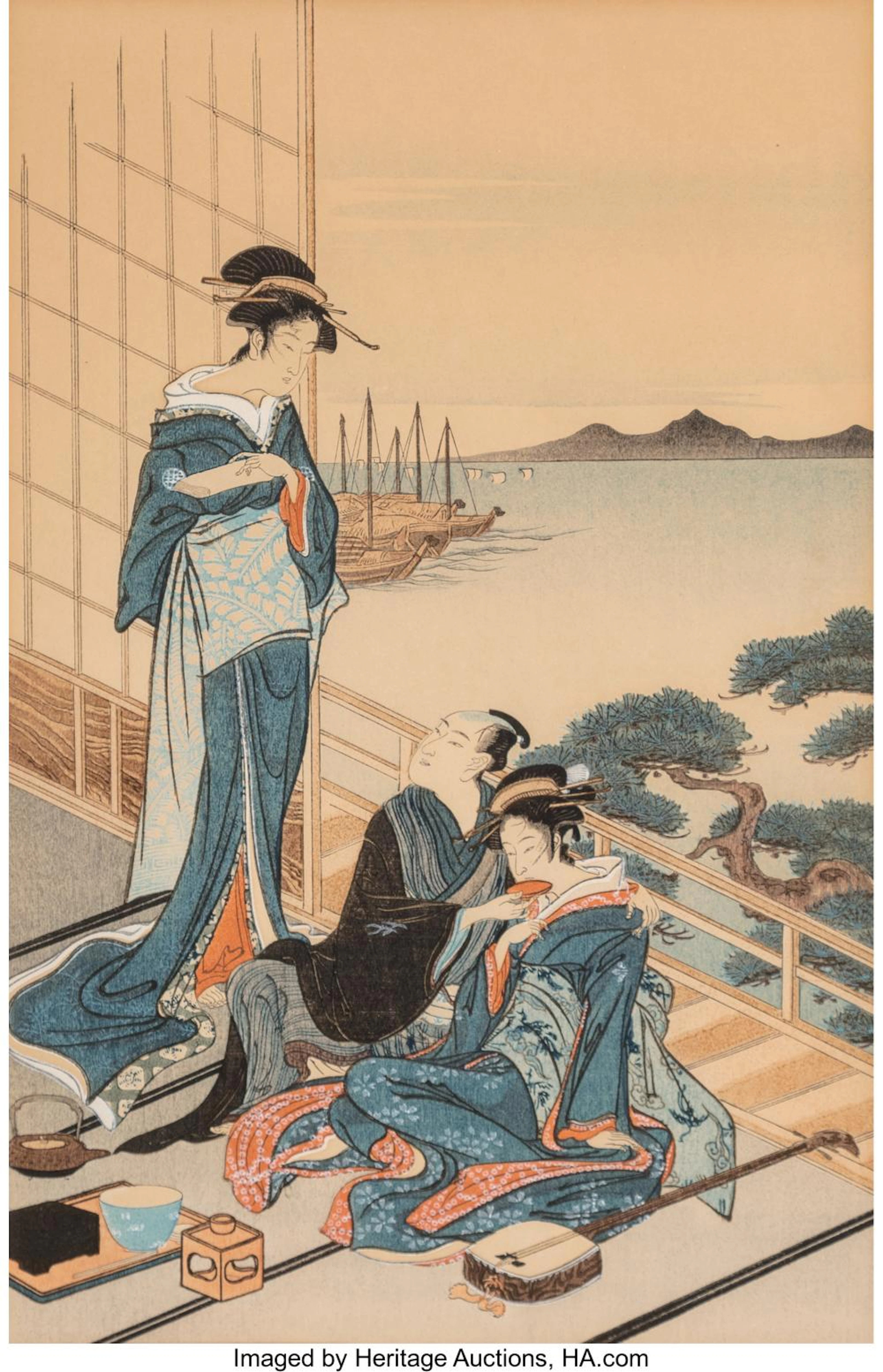 After Utagawa Toyoharu (Japanese, 1735-1814) Feast at a Waterside Pavilion Woodb
