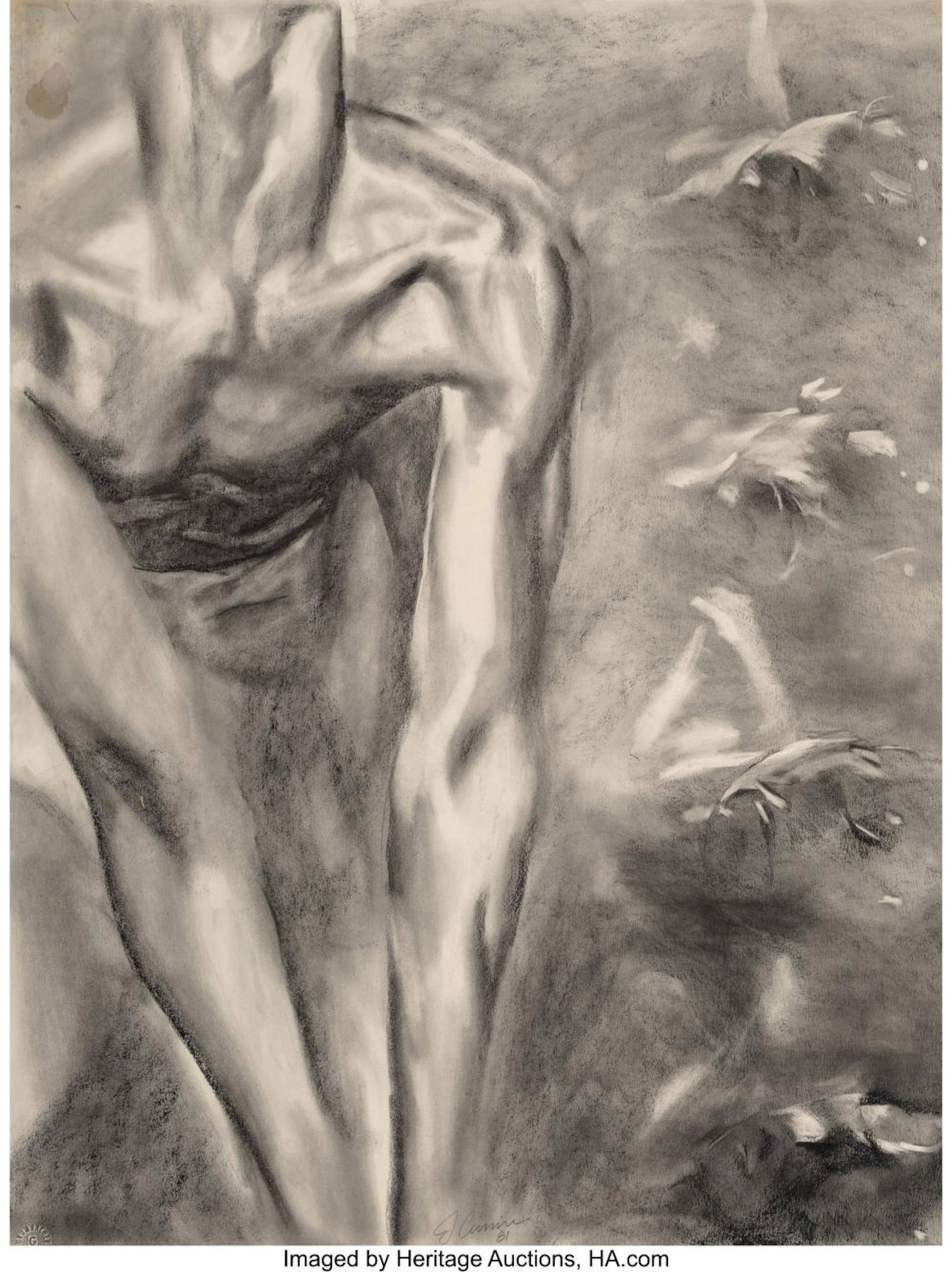 John Currin (b. 1962) Male Nude, 1981 Charcoal on paper 29 x 15 inches (73.7 x 3