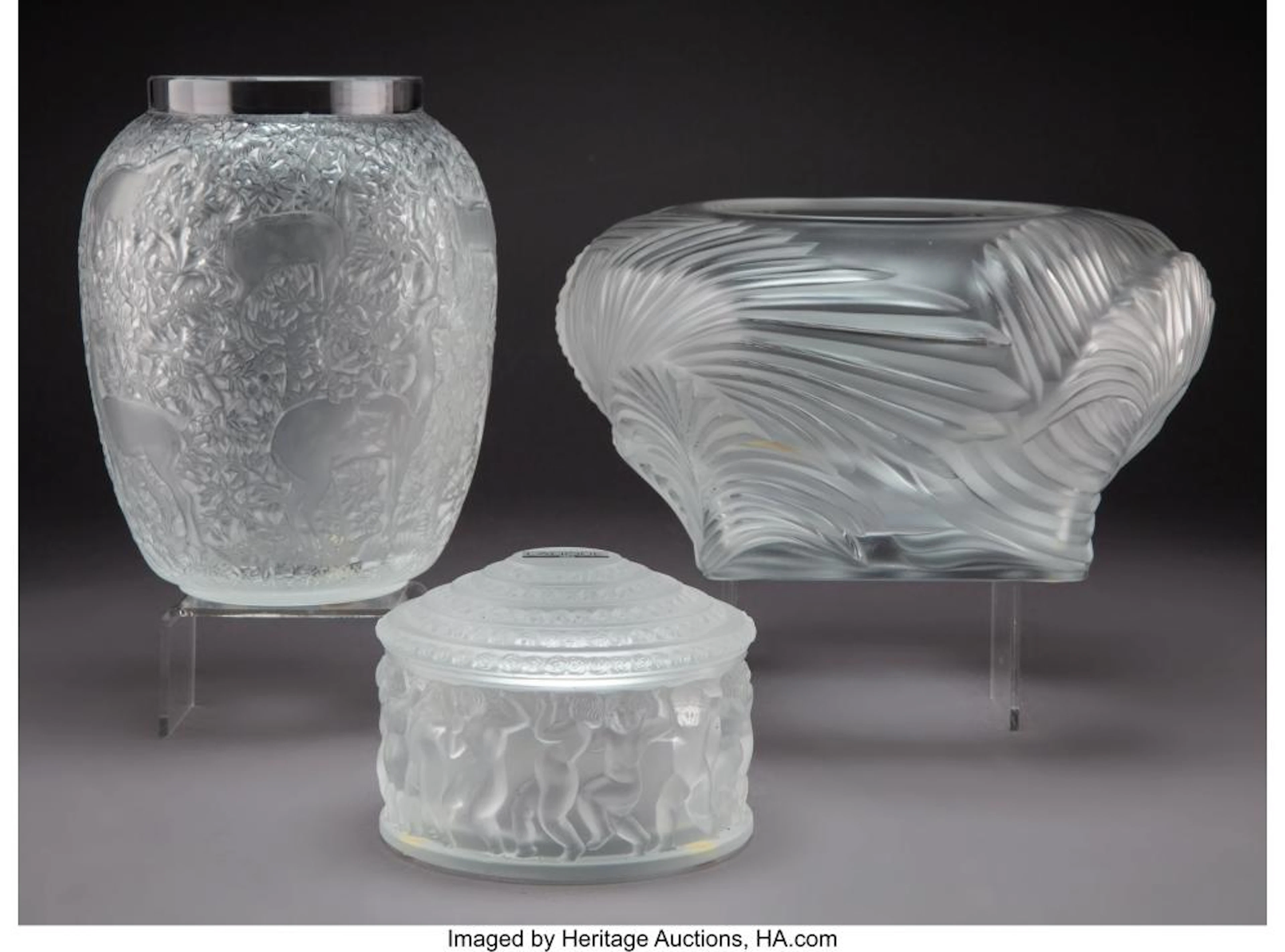 A Group of Three Lalique Glass Articles, post-1945 Marks to each: Lalique®, Fran