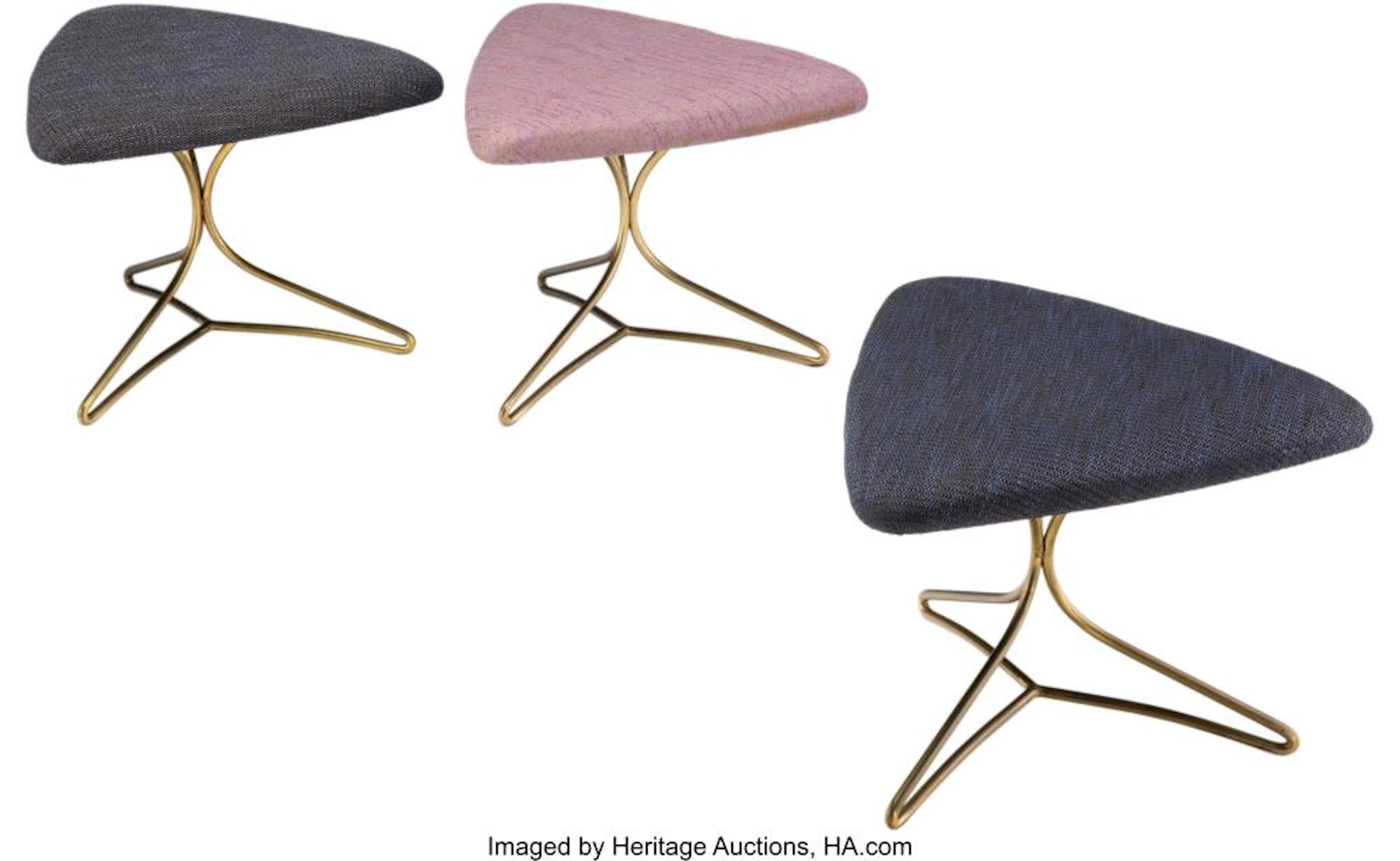Vladimir Kagan (American, 1927-2016) Three Stools, circa 1970 Brass, upholstery