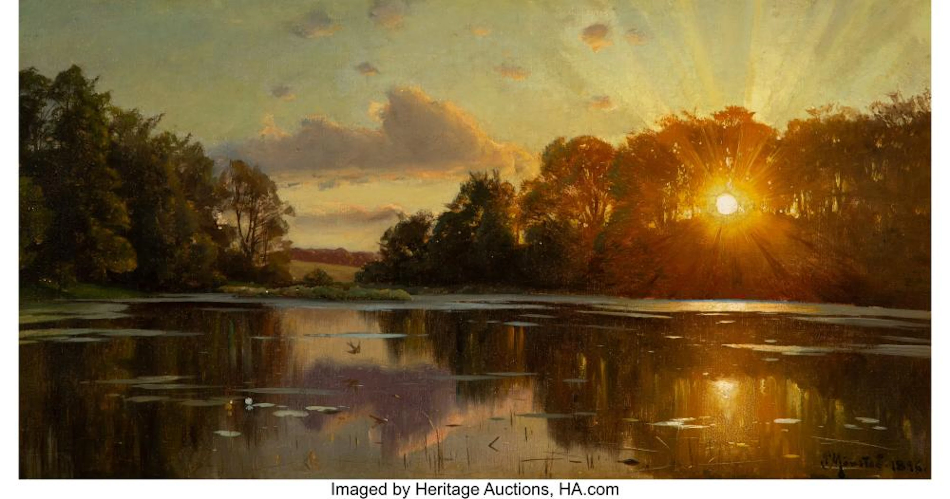 Peder Mork Monsted (Danish, 1859-1941) Sunset at Orholm, 1896 Oil on canvas 13 x