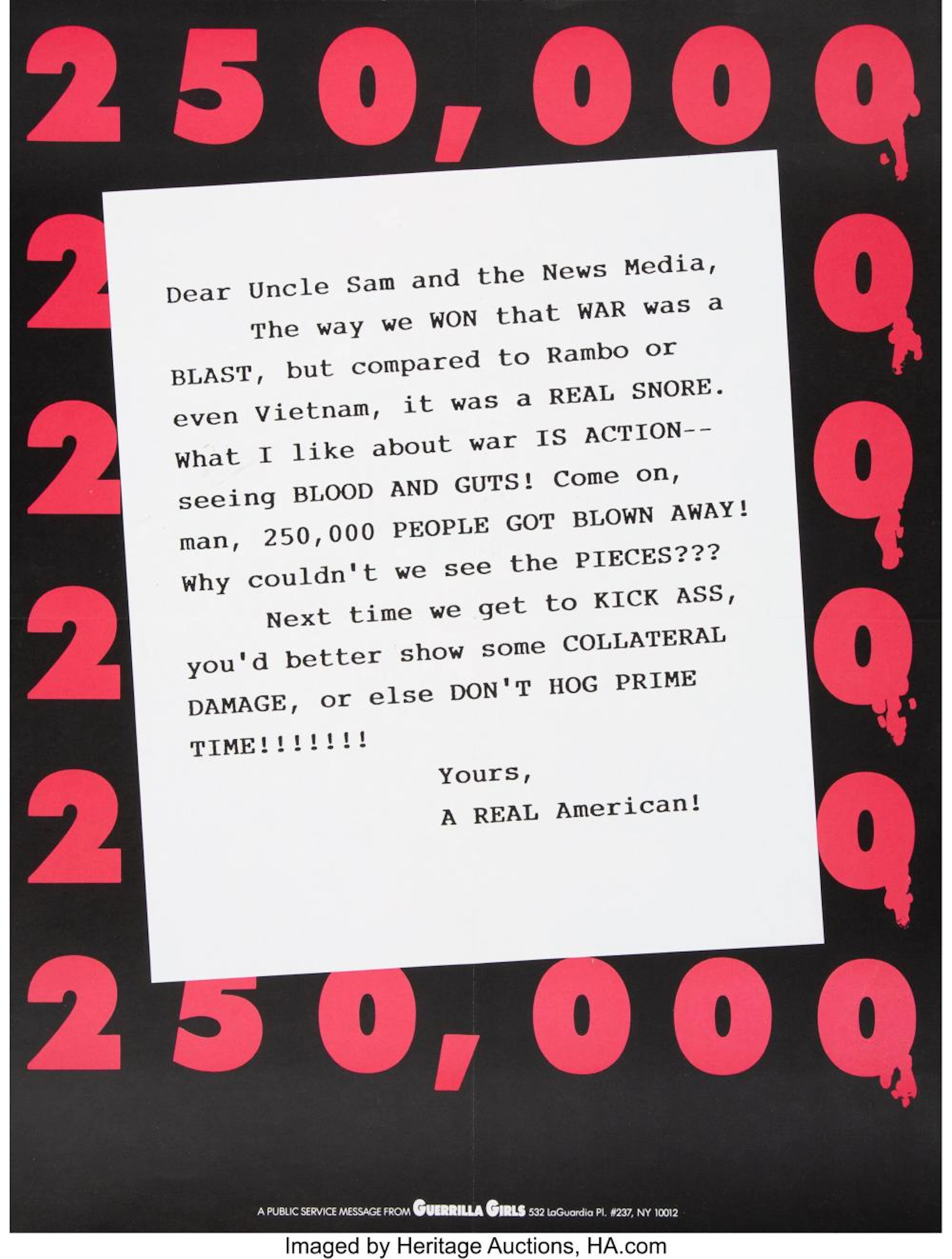 Guerrilla Girls (b. 1985) 'Dear Uncle Sam' Poster, 1991 Lithograph on paper 21 x