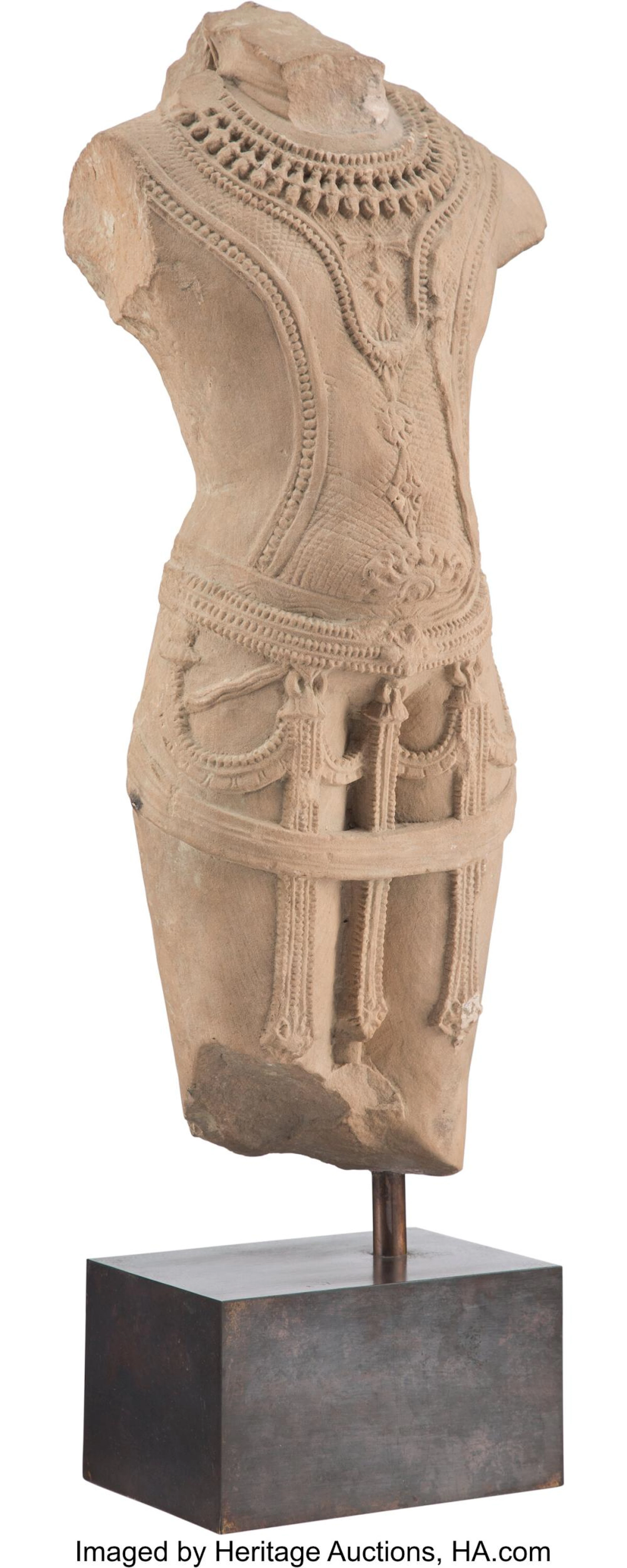 An Indian Carved Sandstone Torso of a Male Deity 27 x 9-1/2 x 7 inches (68.6 x 2