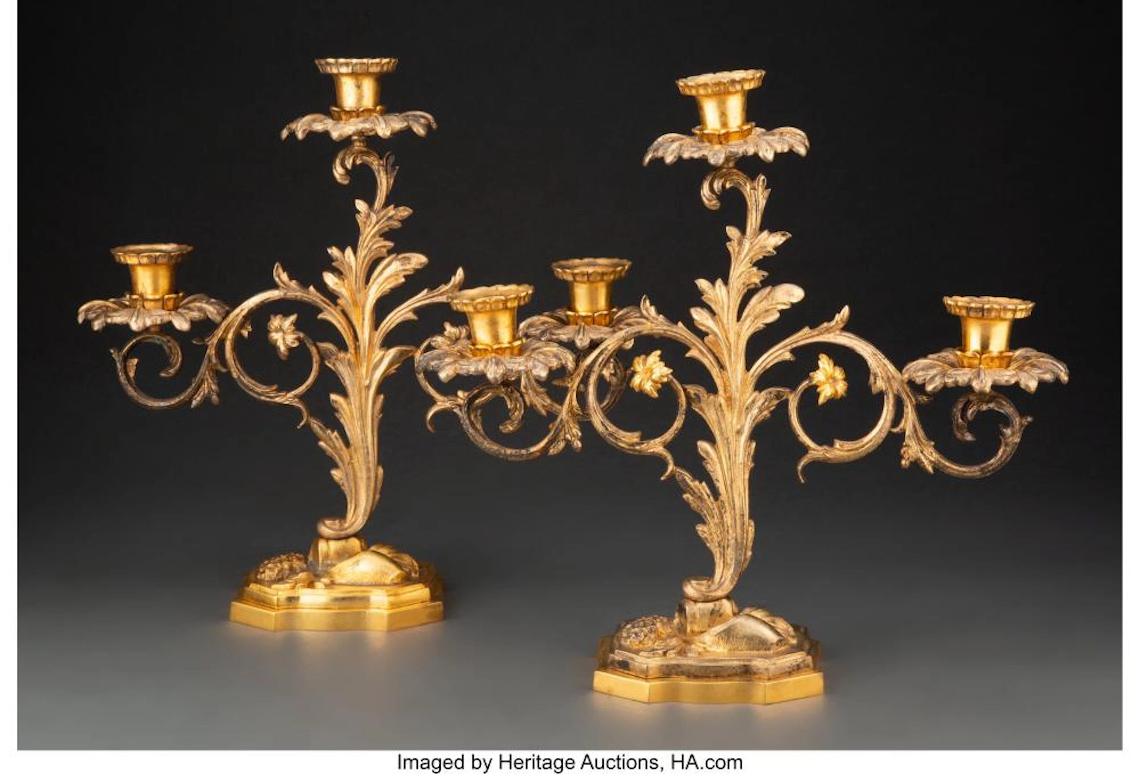 A Pair of Spanish Colonial-Style Three-Light Gilt Bronze Candelabra 13-3/4 x 14-