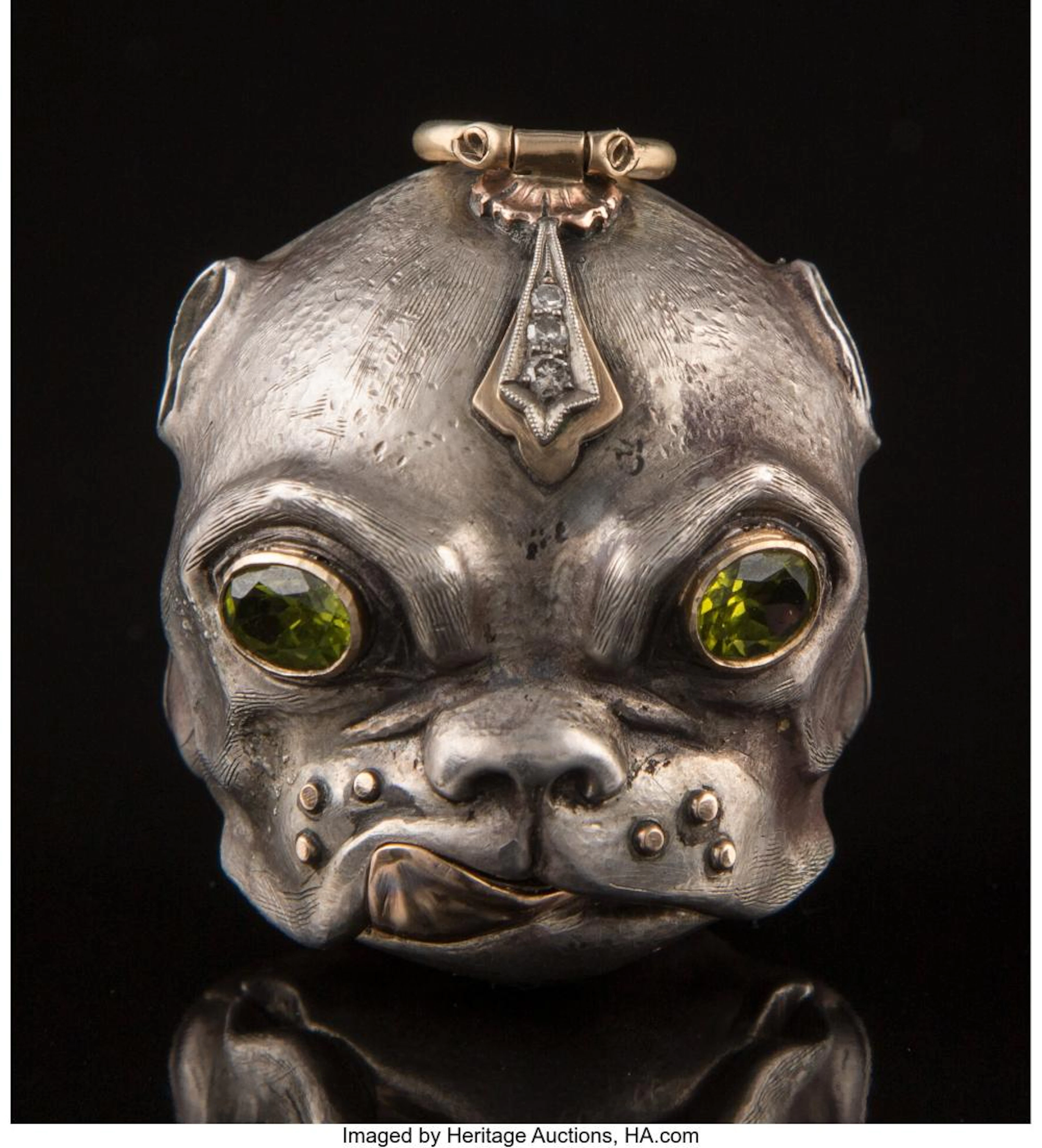 A 14K Gold, Silver, and Gem-Set Bulldog Pendant in the Manner of Fabergé, late 2