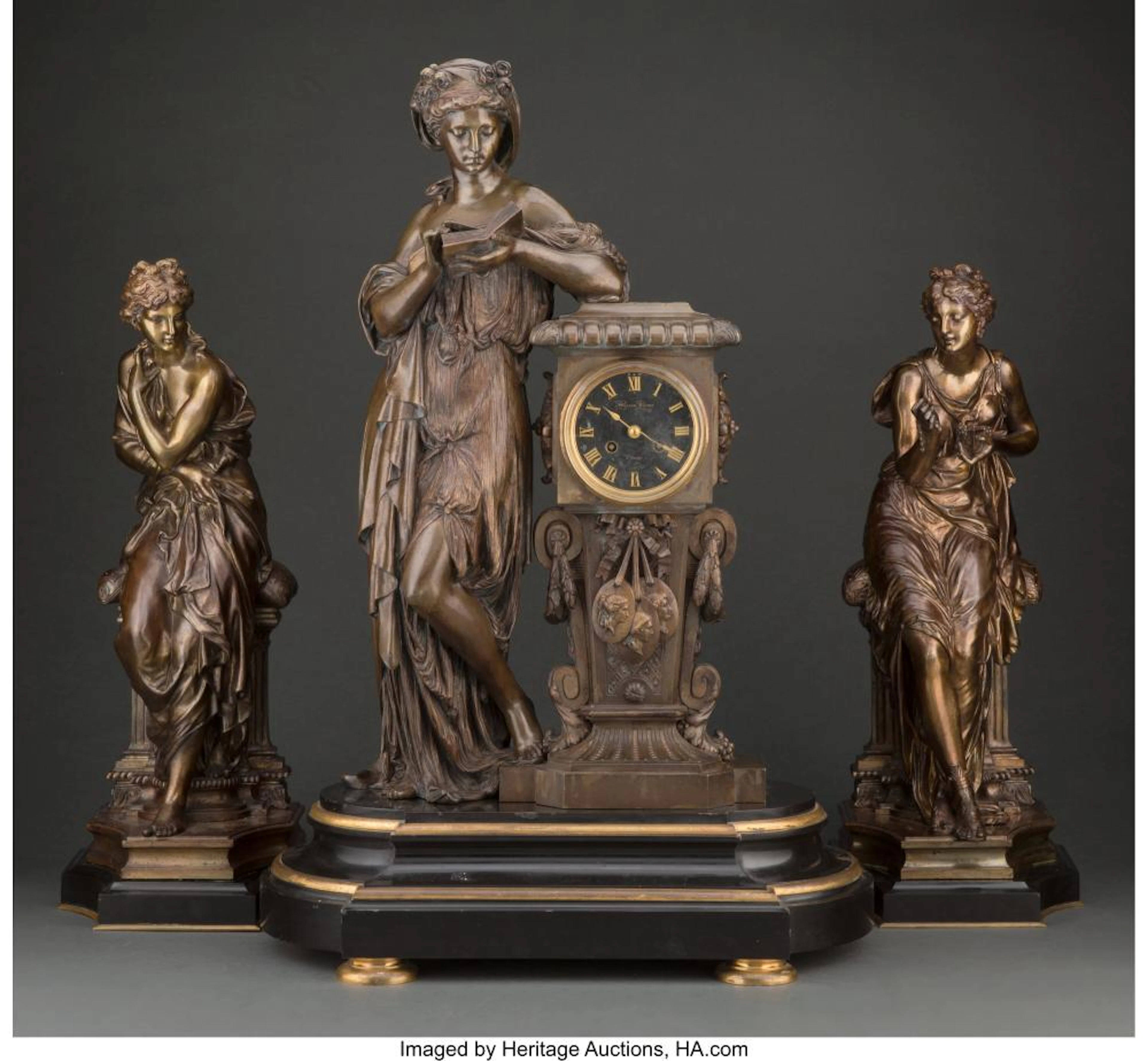 A Three-Piece Patinated Bronze Clock Garniture after Étienne-Henry Dumaige Mark