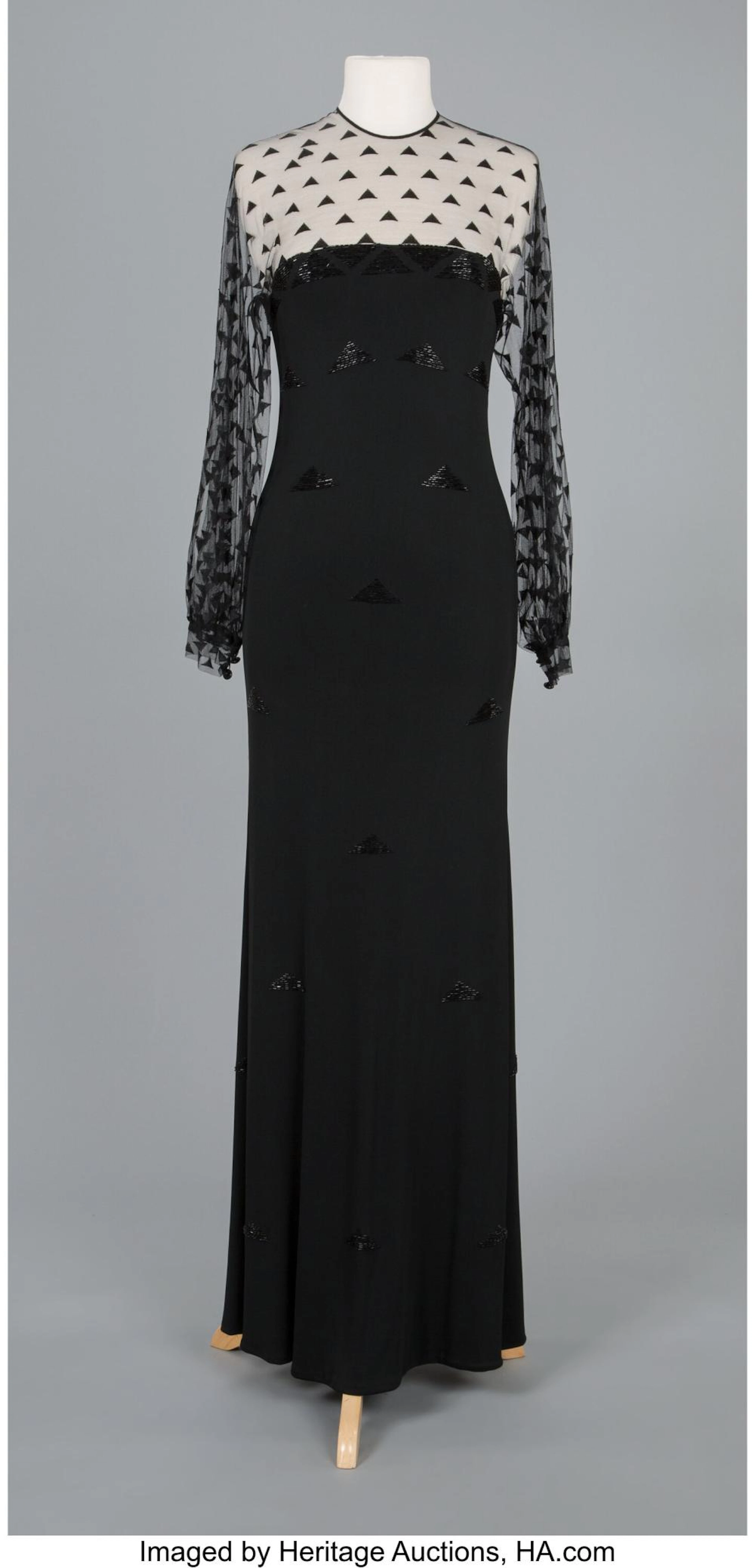 A James Galanos Black Jersey Gown with Illusion Sleeves Label: GALANOS for Ameli