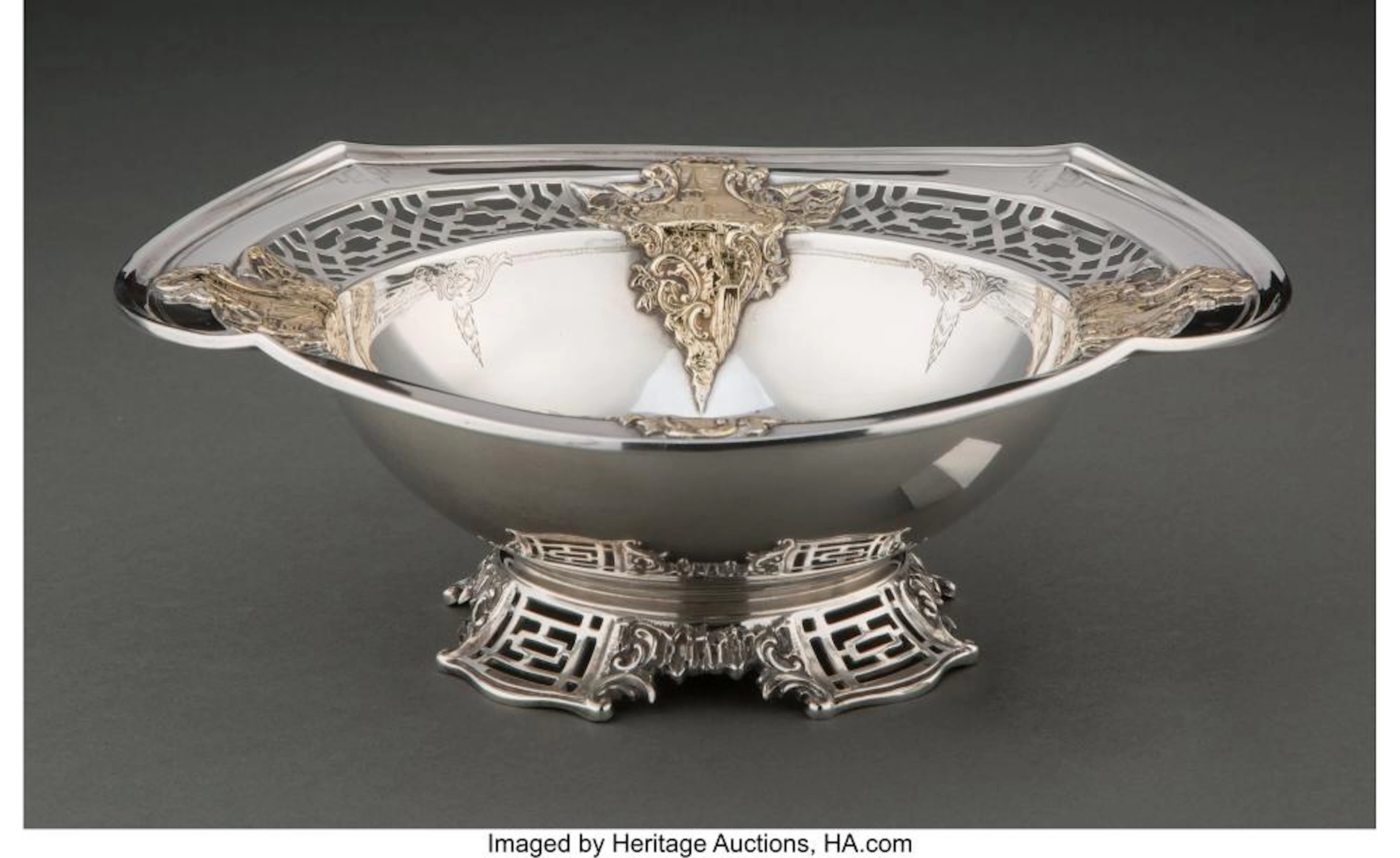 A Bailey, Banks & Biddle Chinese Chippendale Pattern Partial Gilt Silver Footed