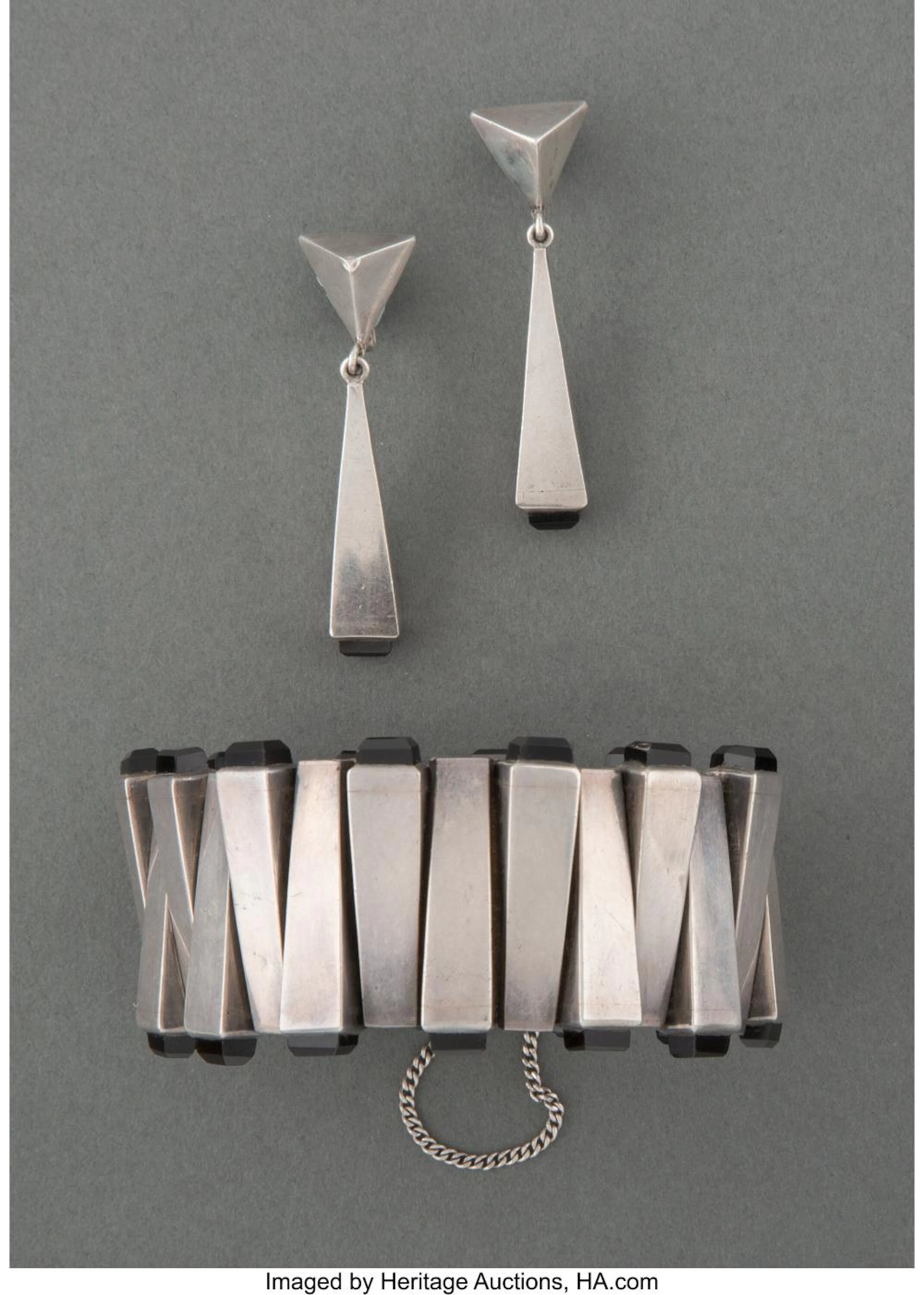 An Antonio Pineda Matchstick Silver and Obsidian Bracelet and Earrings, Taxco, M