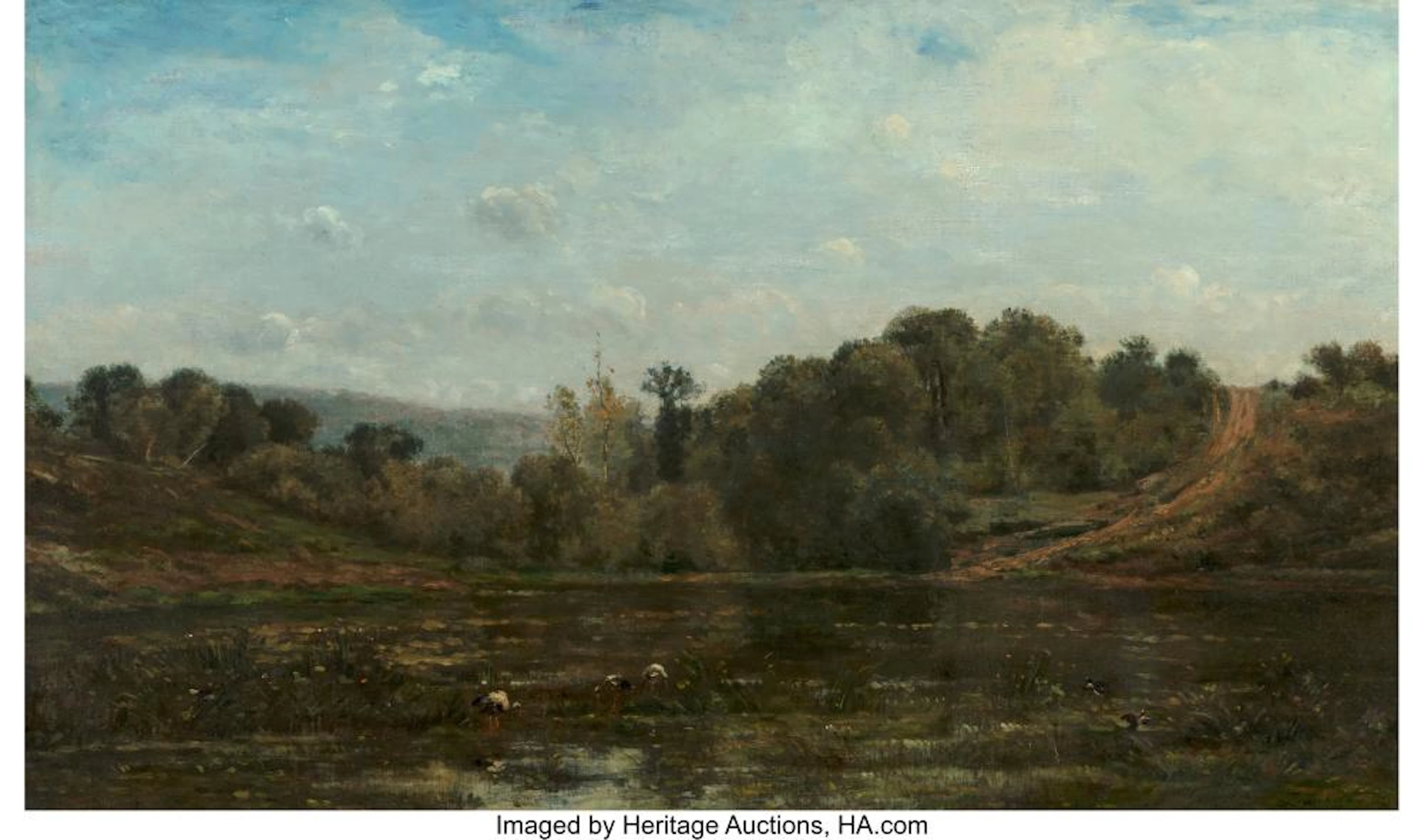 Charles François Daubigny (French, 1817-1878) Cranes watering at the edge of a p