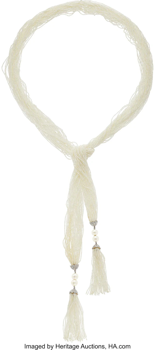 Diamond, Cultured Pearl, Seed Pearl, White Gold Necklace Stones: Full-cut diamo