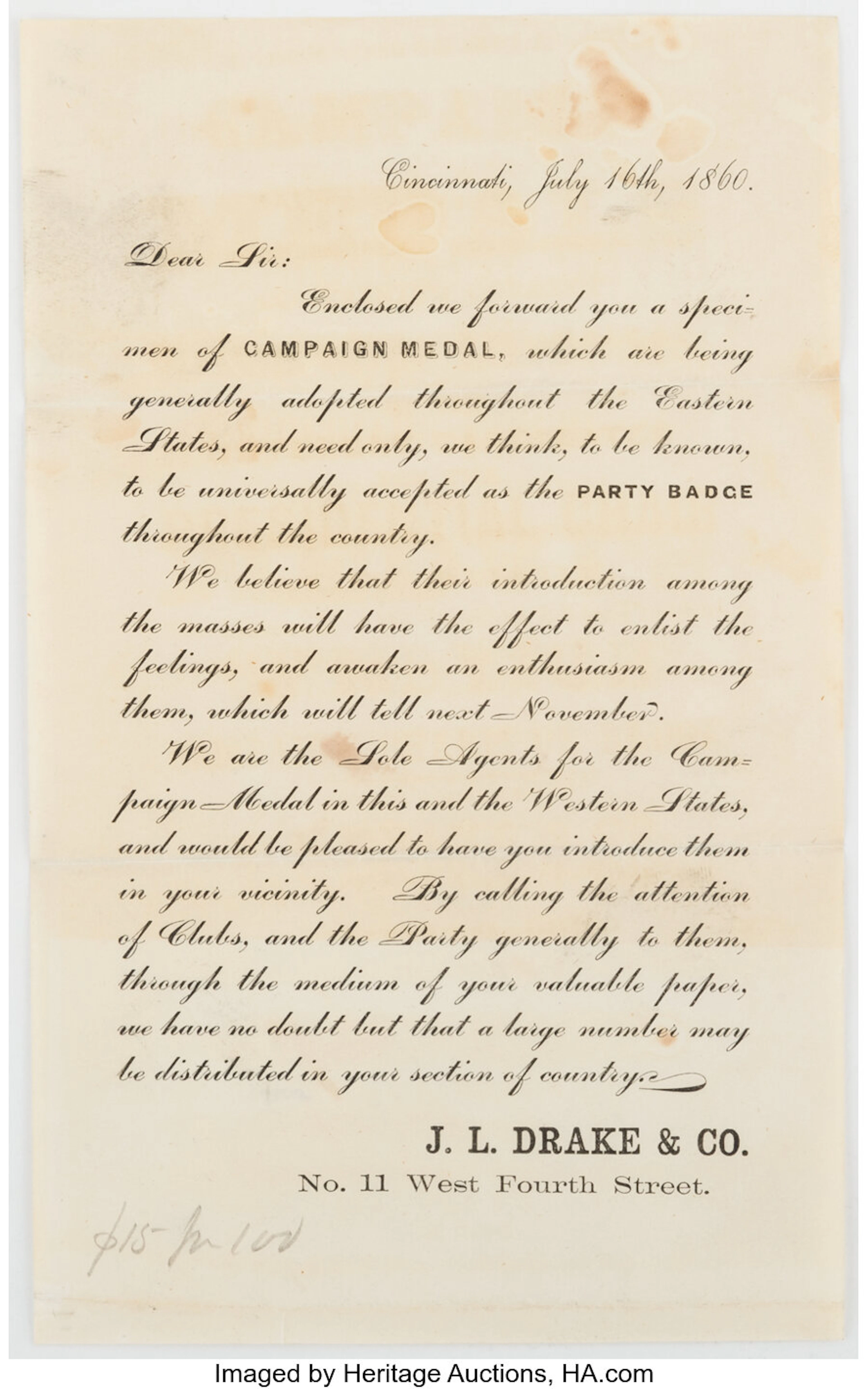 Abraham Lincoln: Campaign Flyer To Distribute Campaign Medals....
