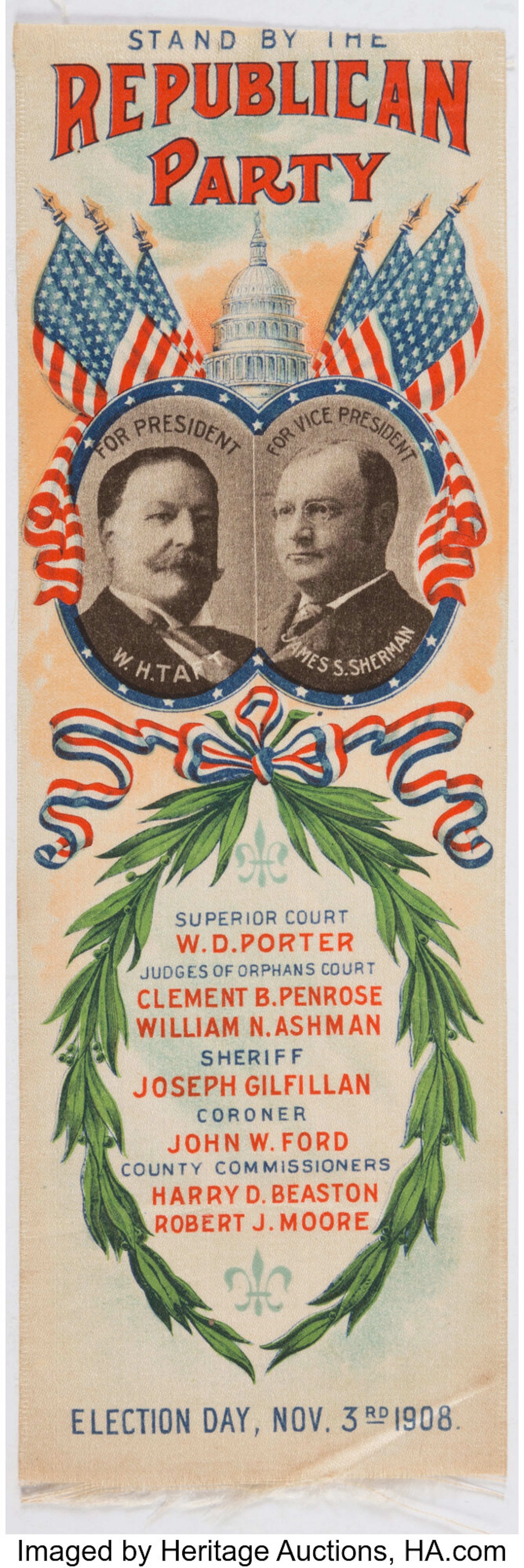 William H. Taft: Taft and Sherman Multicolor Jugate Ribbon....