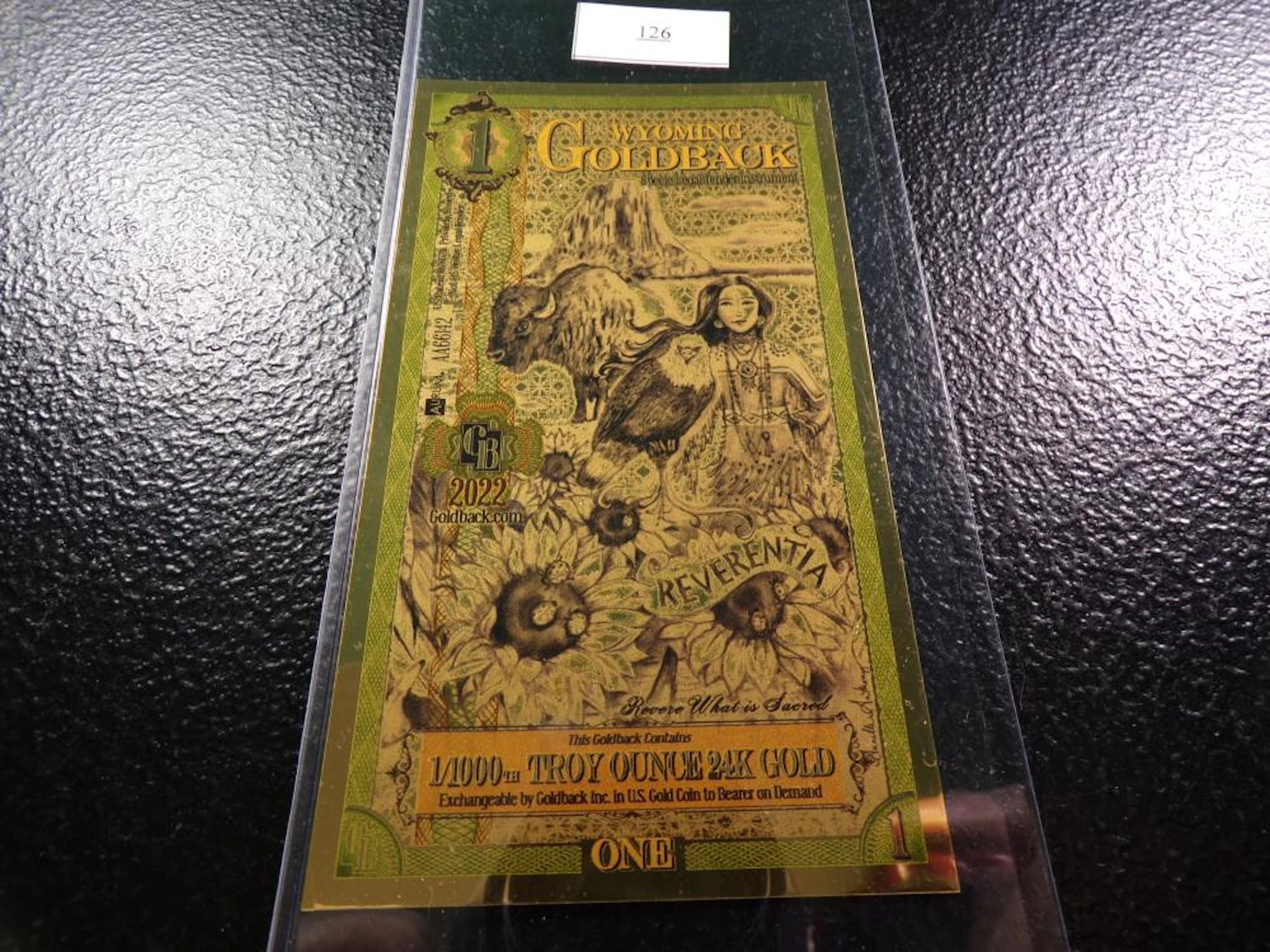 24K GOLD ($1) One Dollar Wyoming Goldback Piece - Neat Design!