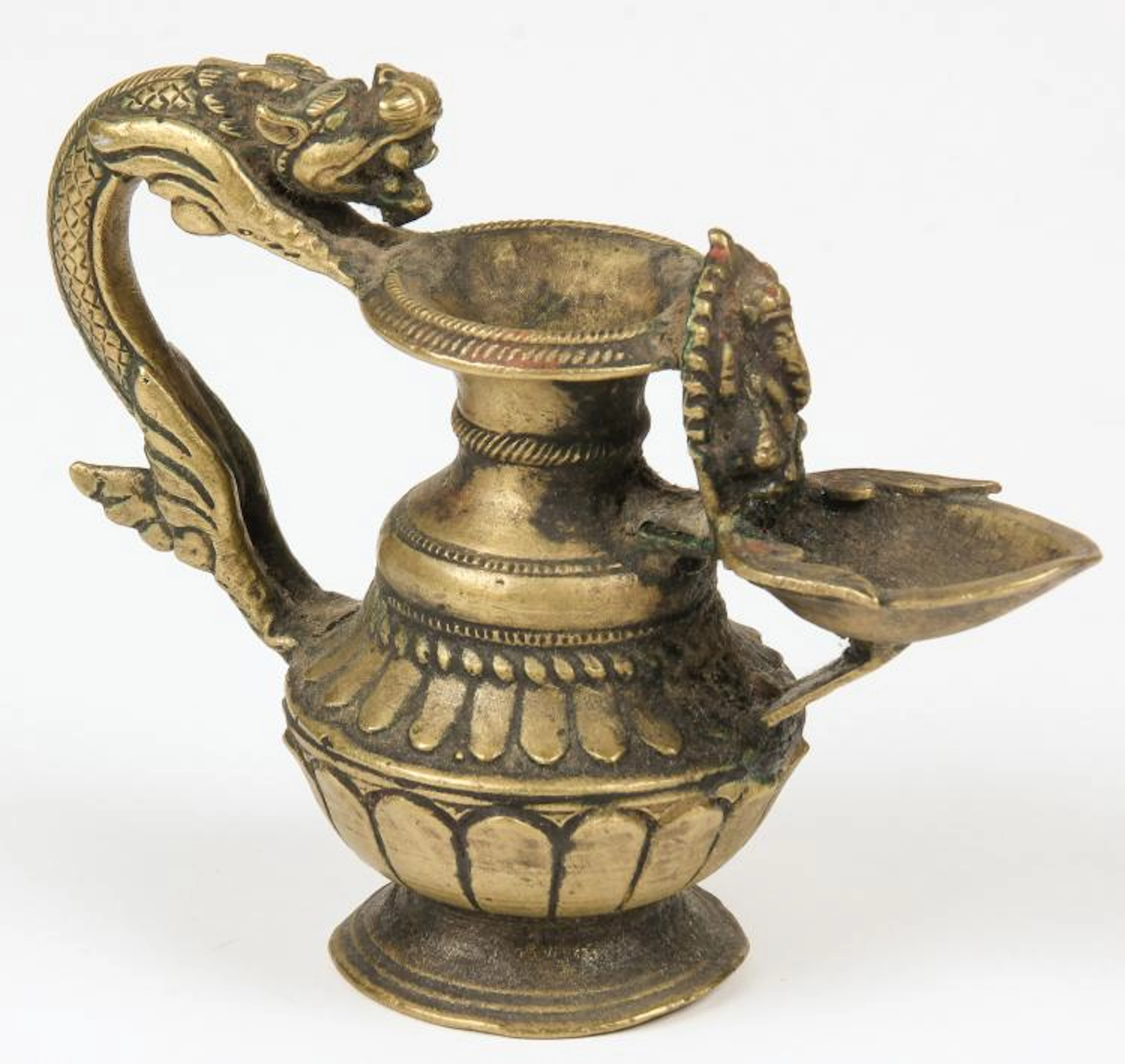 Fine 18th C. Oil Lamp w. Lion Handle (Sukunda)