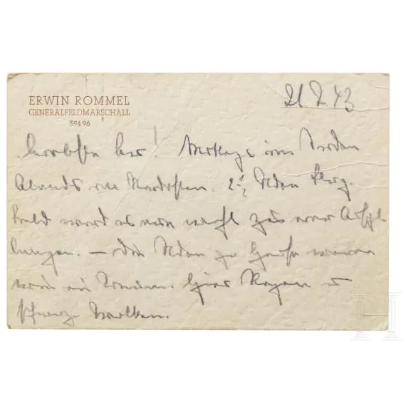 GFM Erwin Rommel - a handwritten card to his wife Lucie, dated August ...