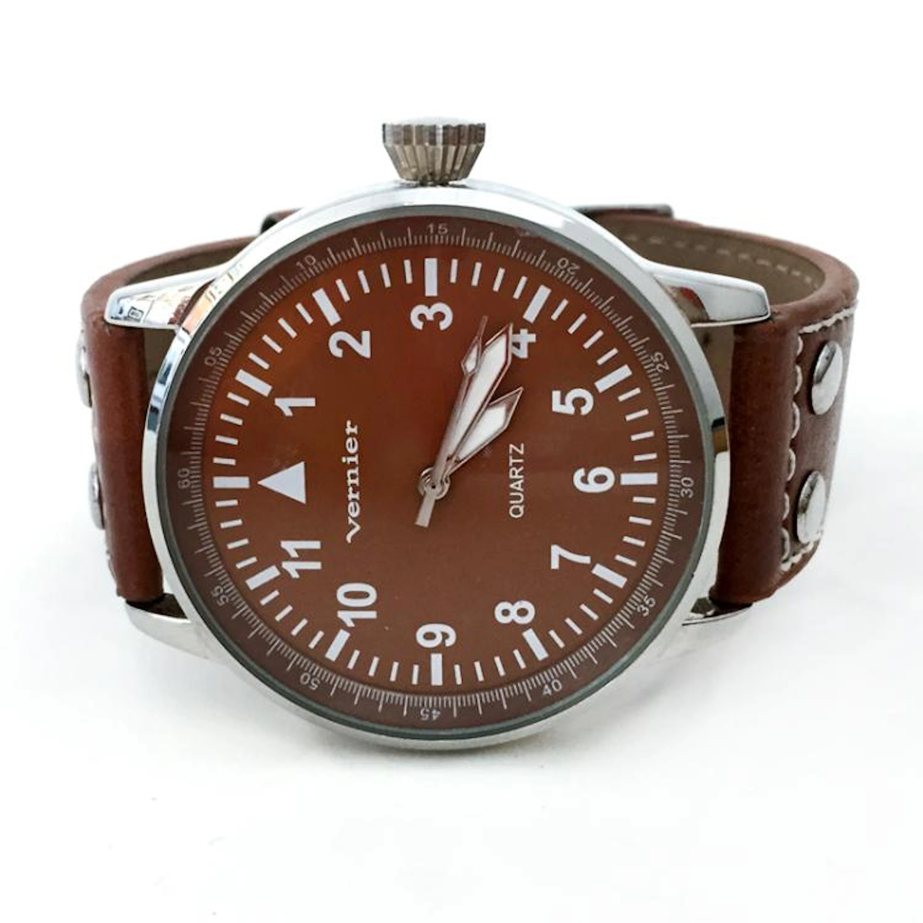 Vernier quartz round stainless steel men's watch with leather band