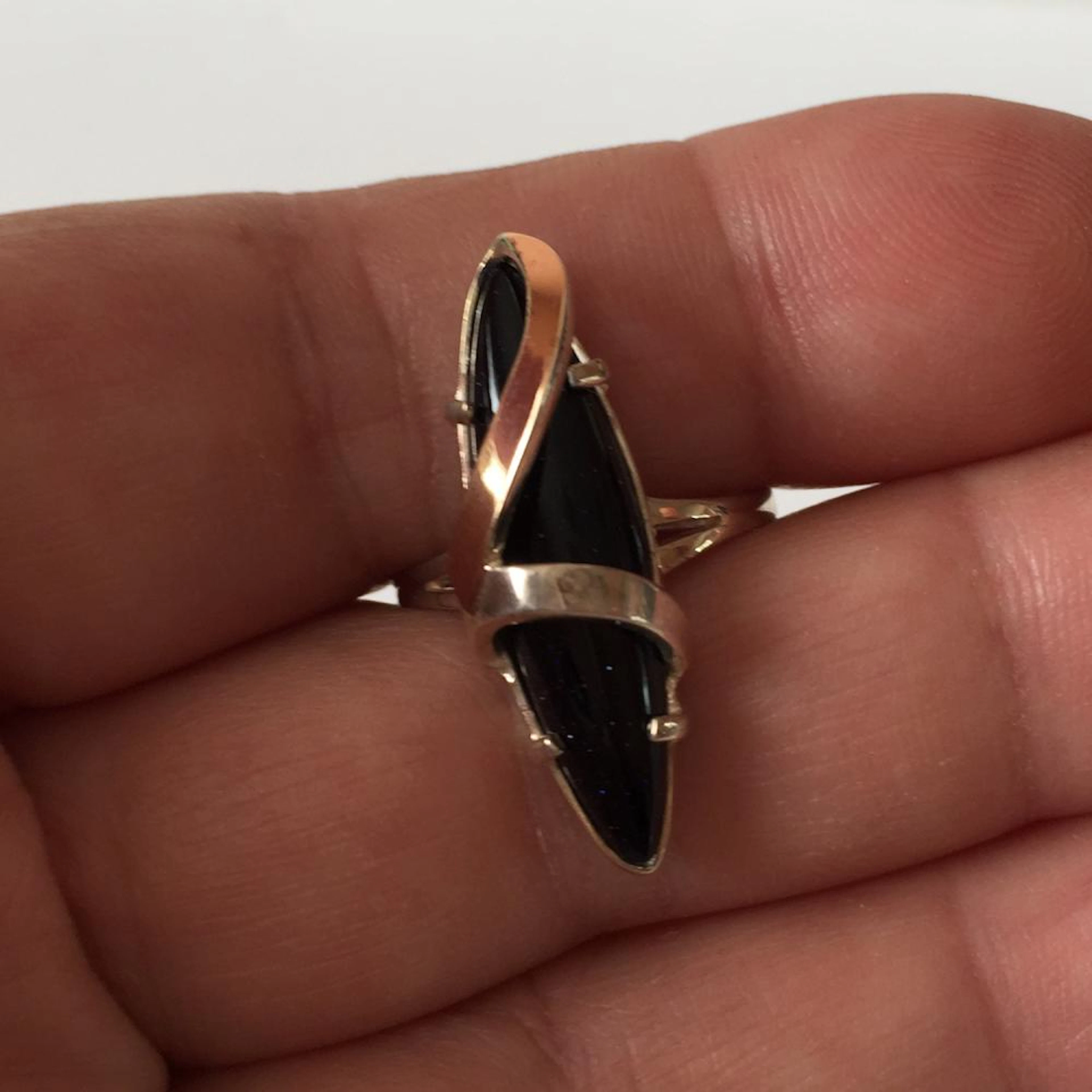 14k yellow gold and sterling silver blue sandstone cabochon ring, size 7