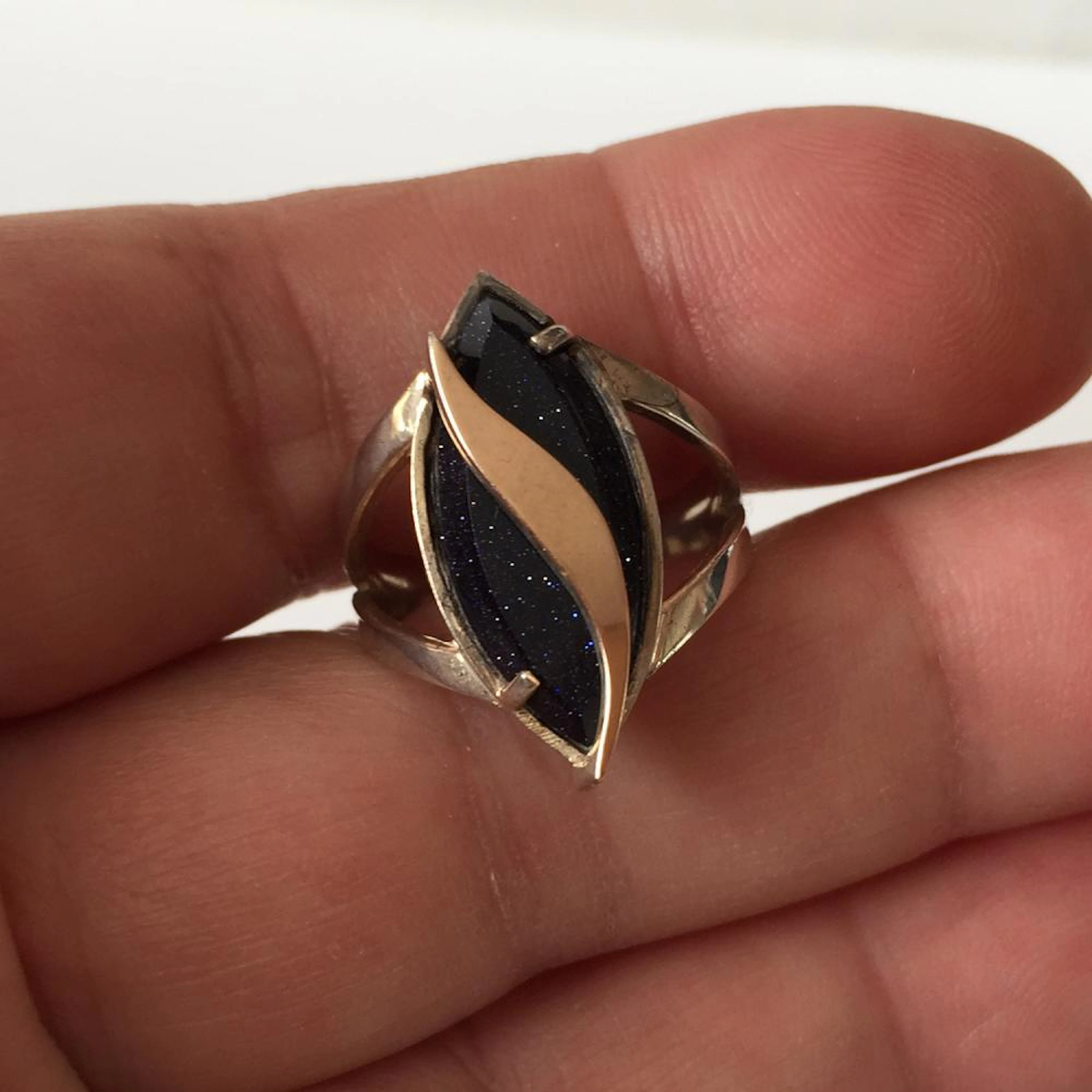14k yellow gold and sterling silver faceted blue sandstone  ring, size 6.5