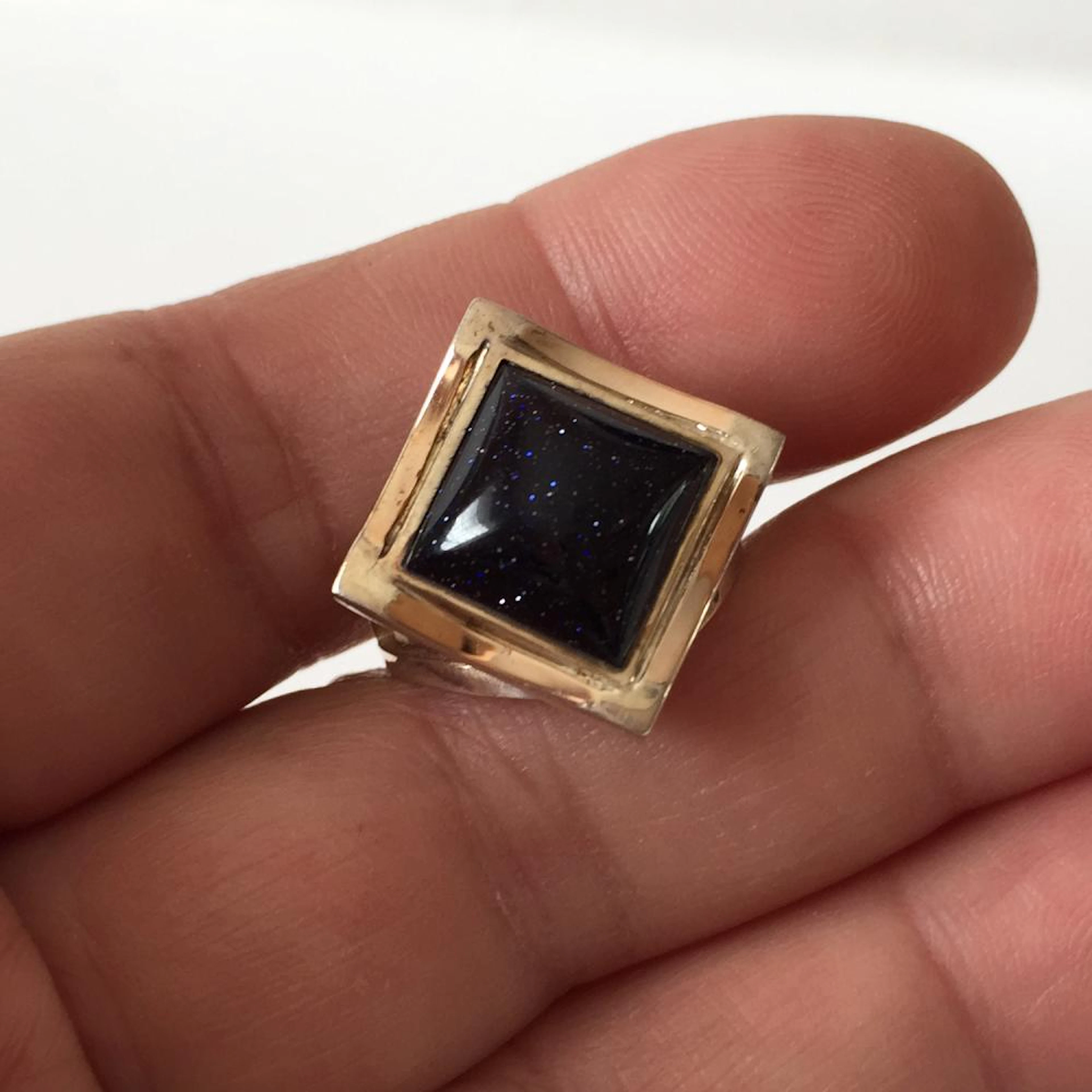 14k yellow gold and sterling silver blue sandstone cabochon ring, size 6.5