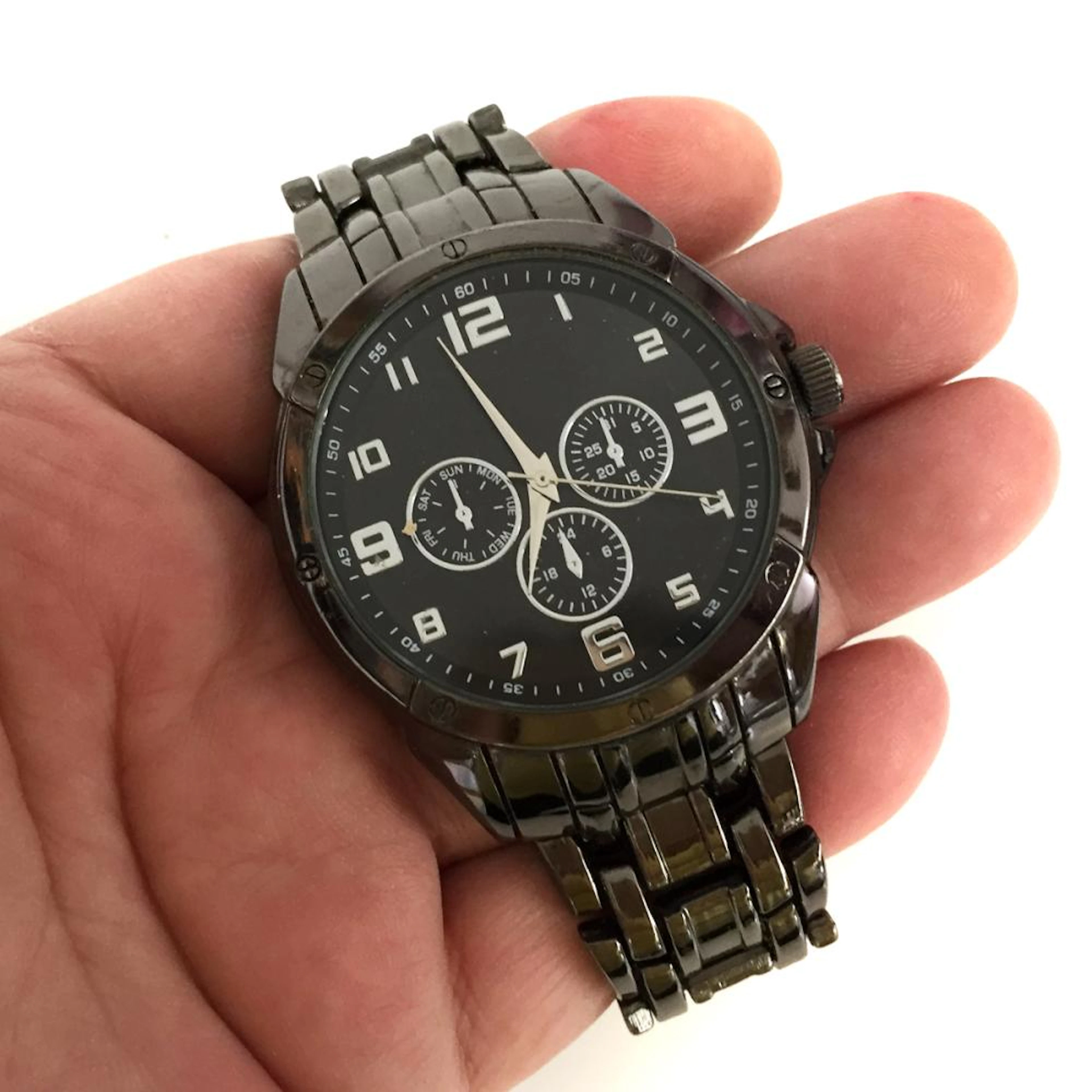 Blackened metal round men's Quartz Chrono watch with...