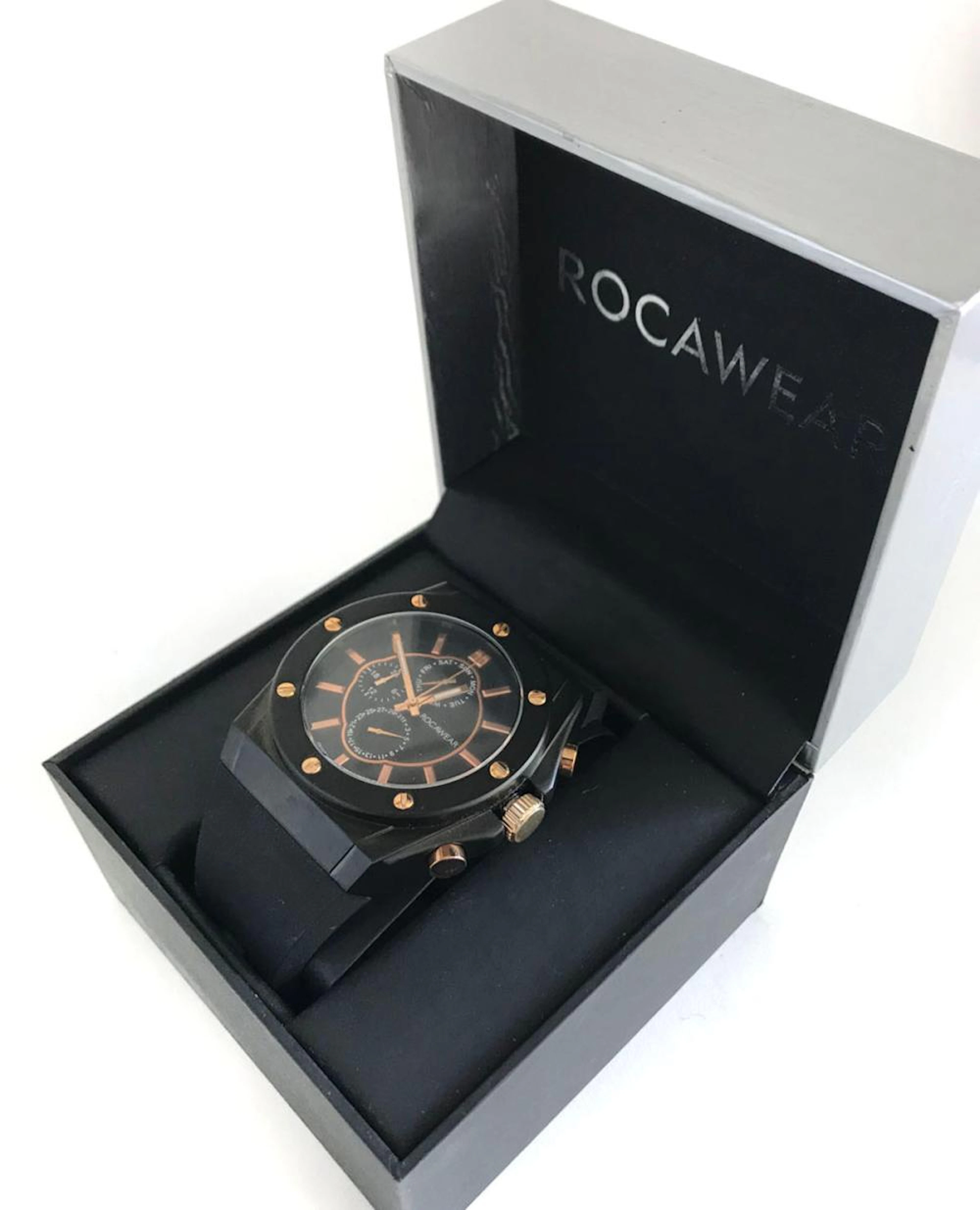 ROCAWEAR: Black with rose gold color accent on bezel and...