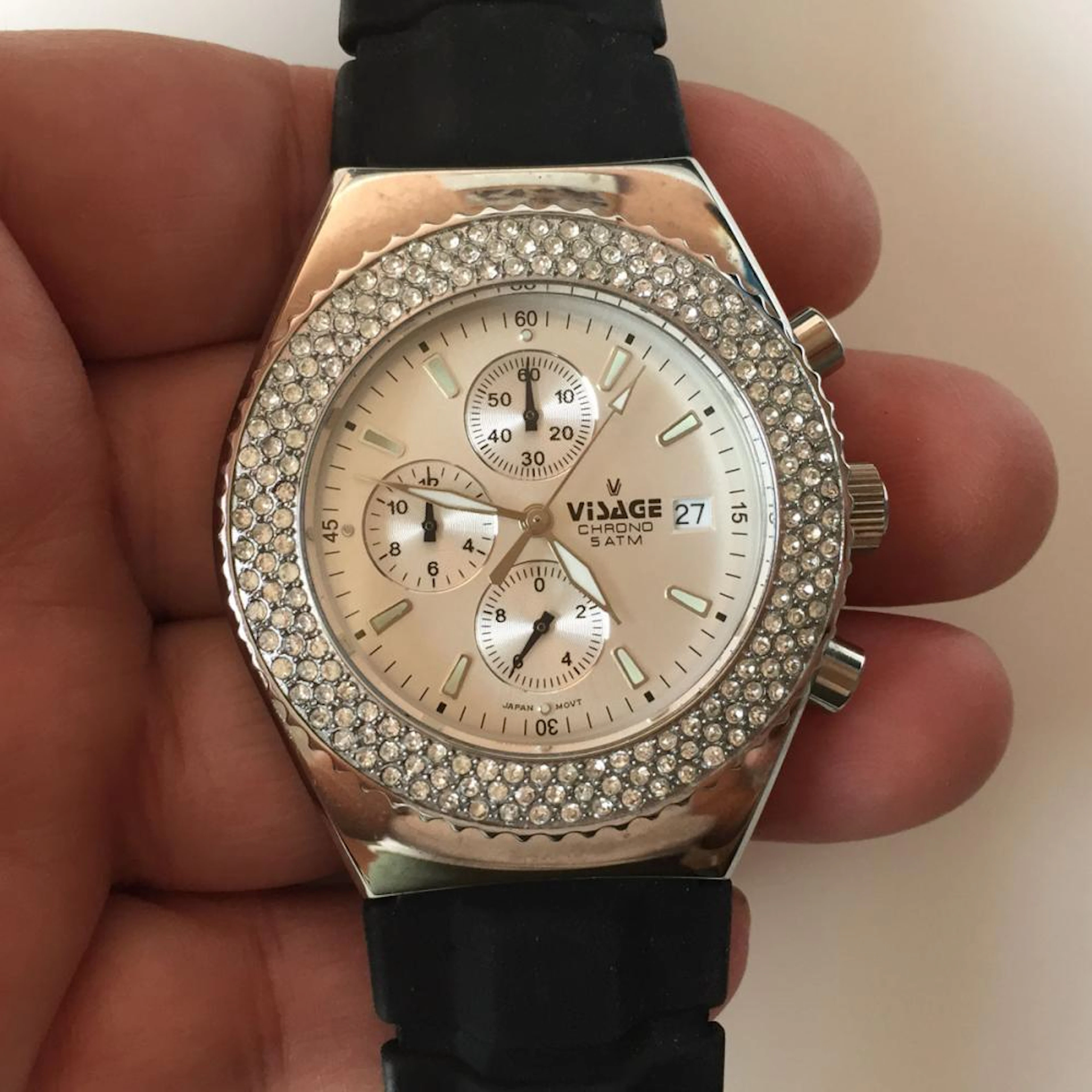 VISAGE: Stainless steel chronograph watch with clear...