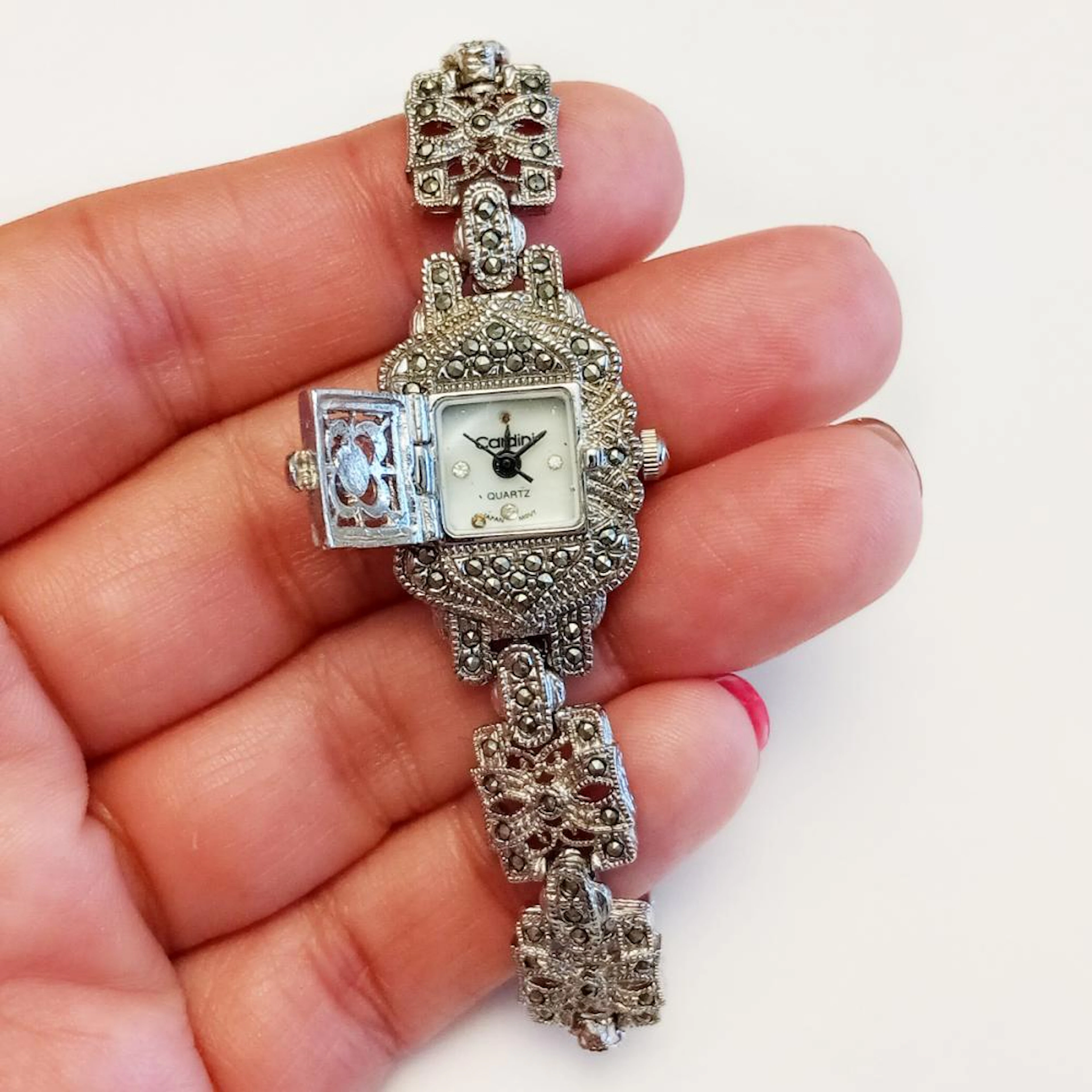 CARDINI: Silver tone Antique style marcasites Mother of...