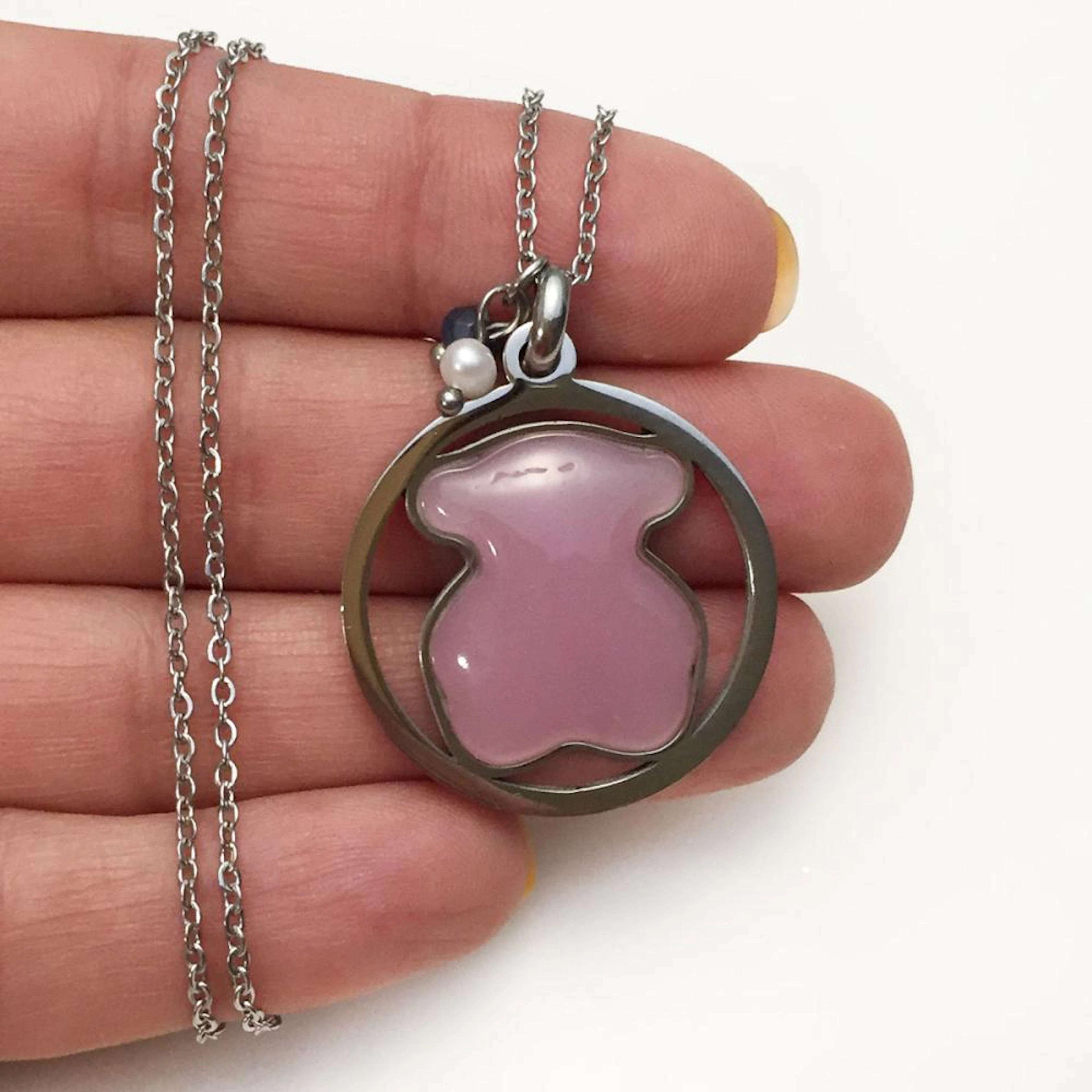 Stainless steel pink quartz color TOUS style Bear pendant and chain necklace