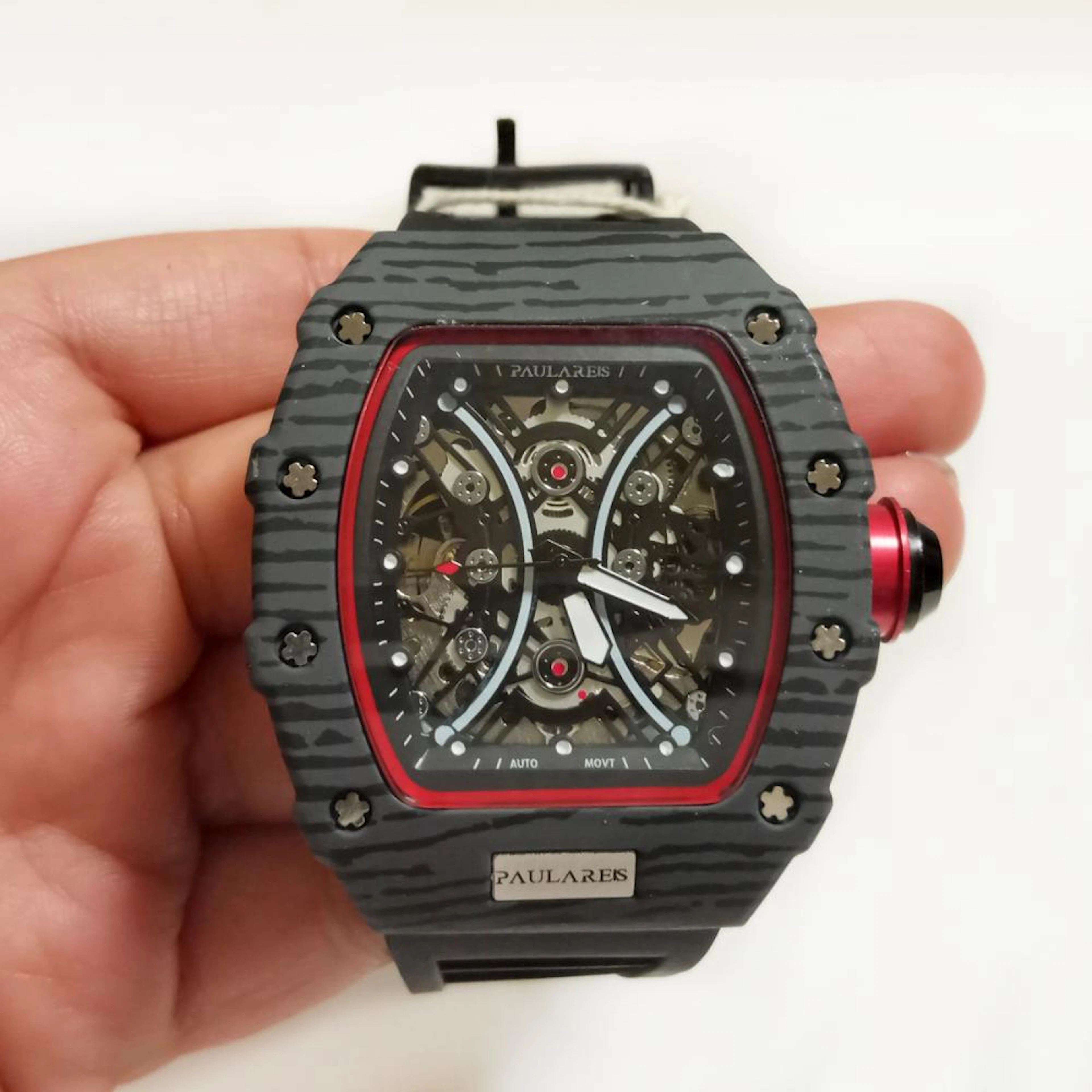 Black and gray Tonneau Skeleton Mens Automatic watch with black rubber band